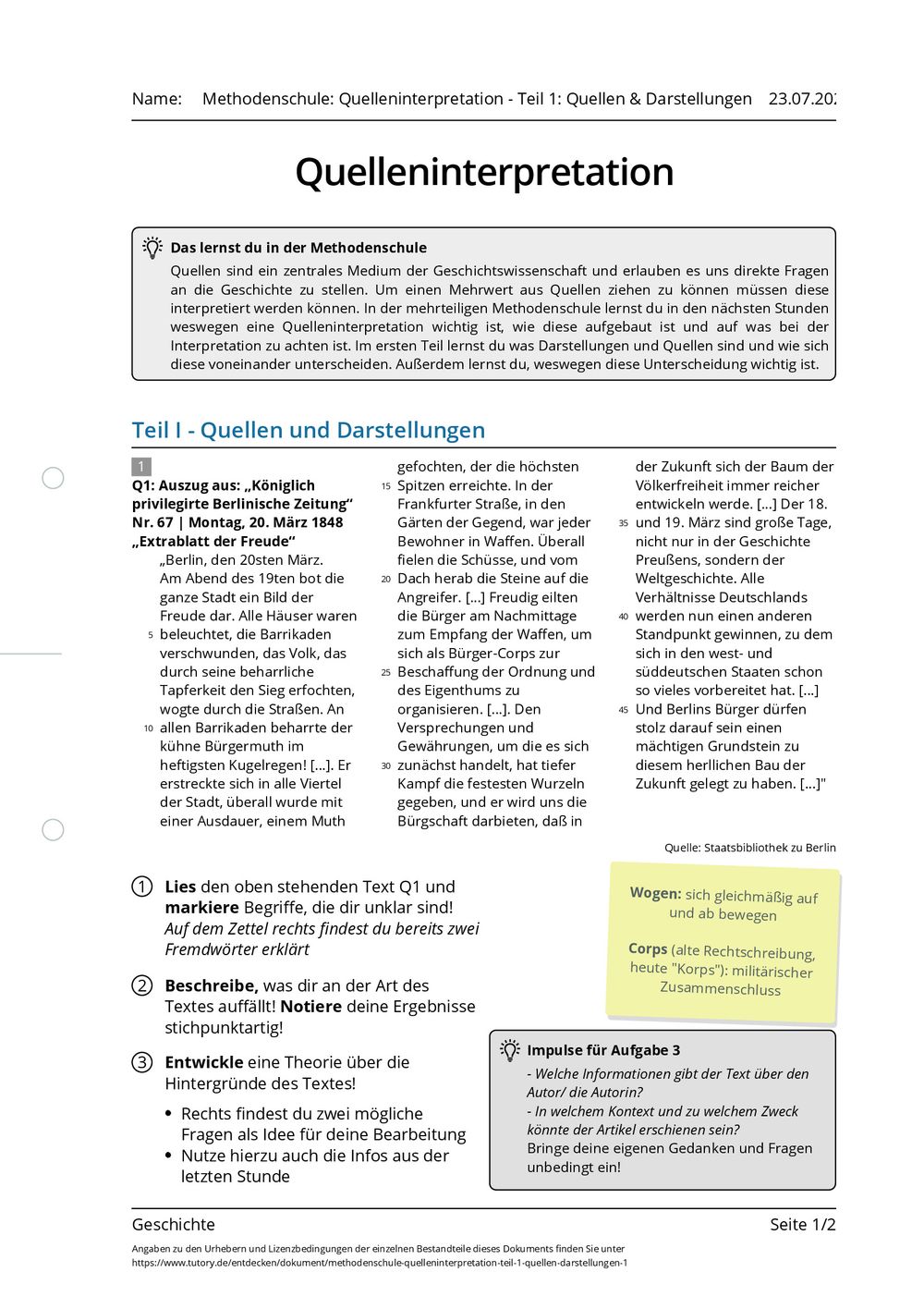 Arbeitsblatt - Methodenschule: Quelleninterpretation - Teil 1: Quellen