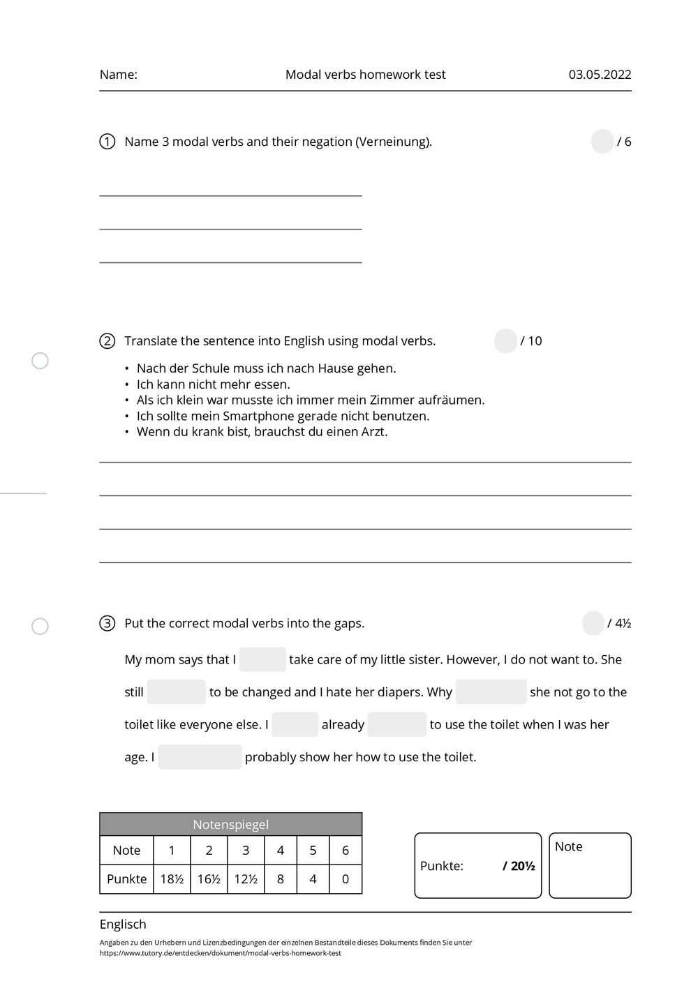 modal verbs homework year 6