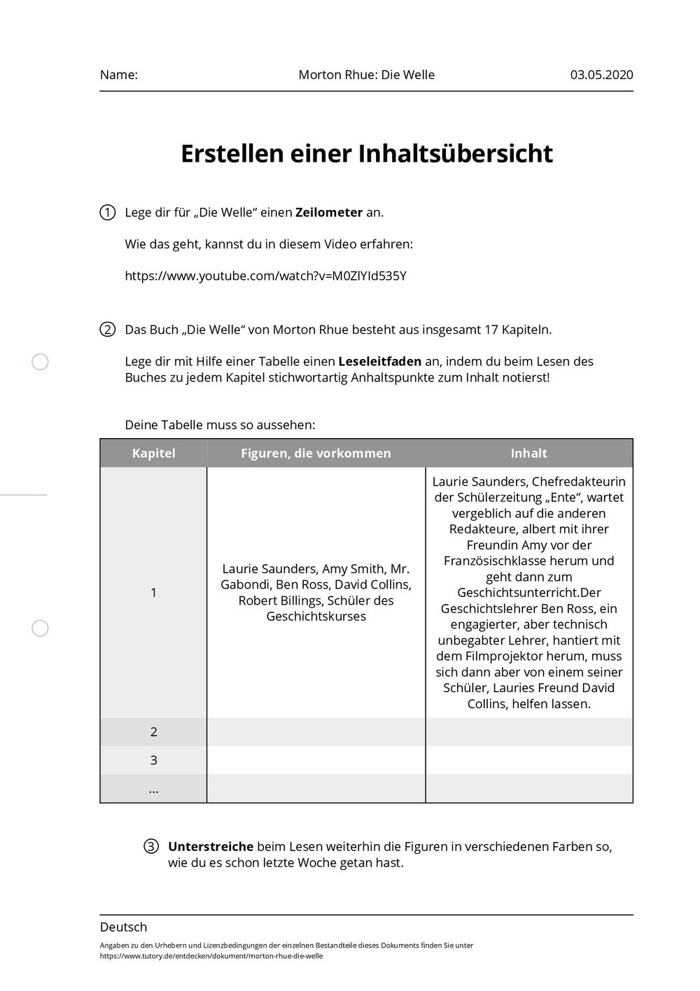 Arbeitsblatt - Morton Rhue: Die Welle - Deutsch - tutory.de