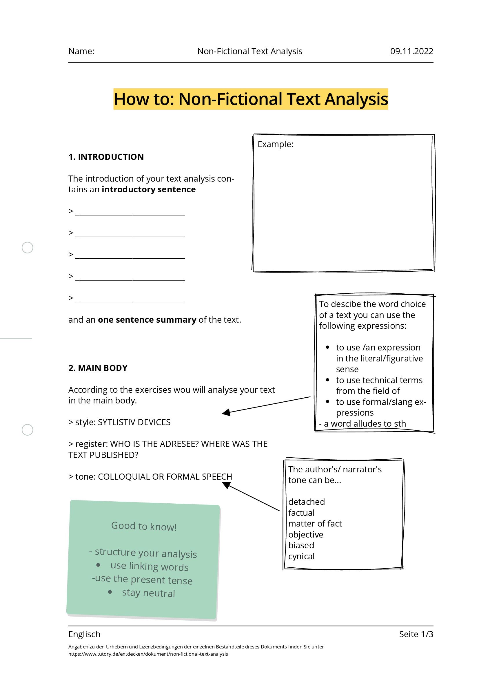 Arbeitsblatt - Non-Fictional Text Analysis - Englisch - Tutory.de