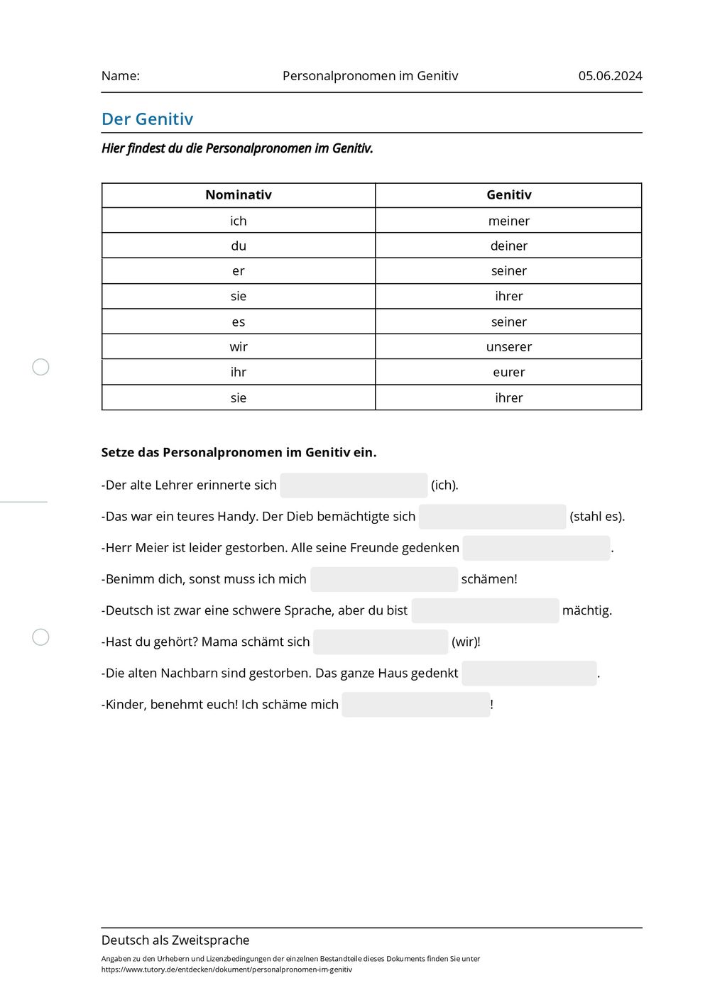 Arbeitsblatt - Personalpronomen im Genitiv - Deutsch als Zweitsprache ...