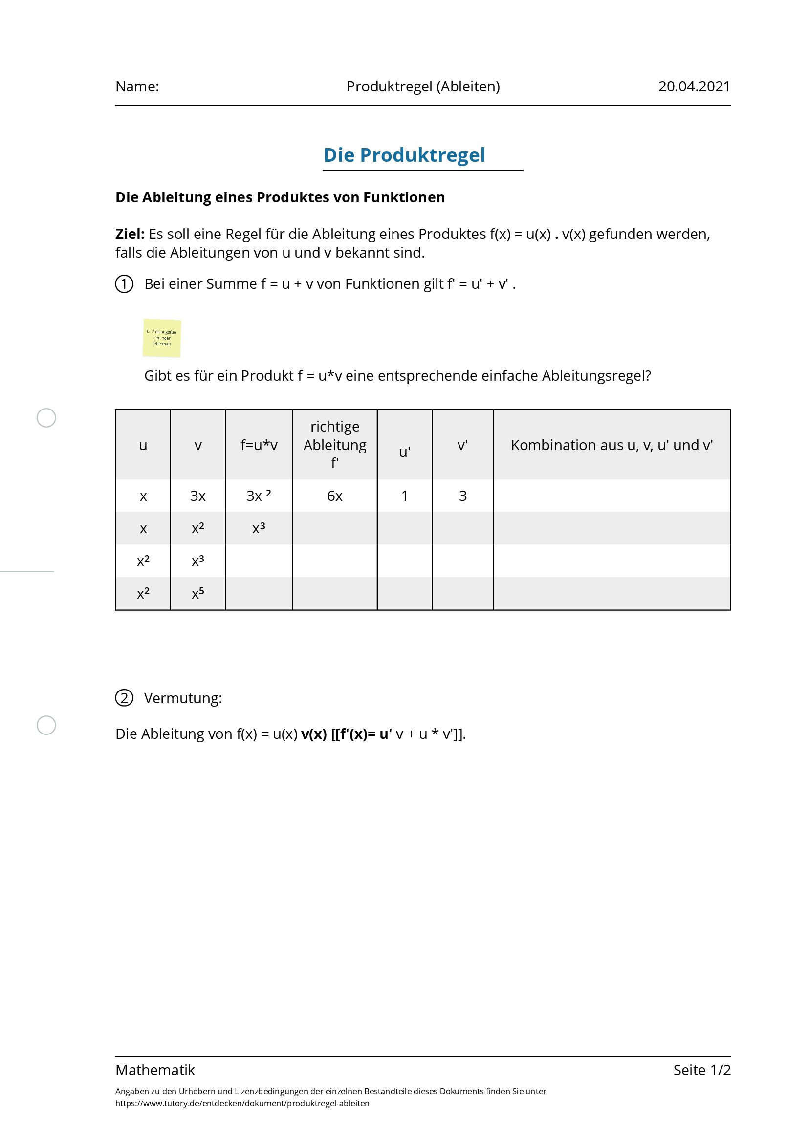 Arbeitsblatt - Produktregel (Ableiten) - Mathematik - Tutory.de