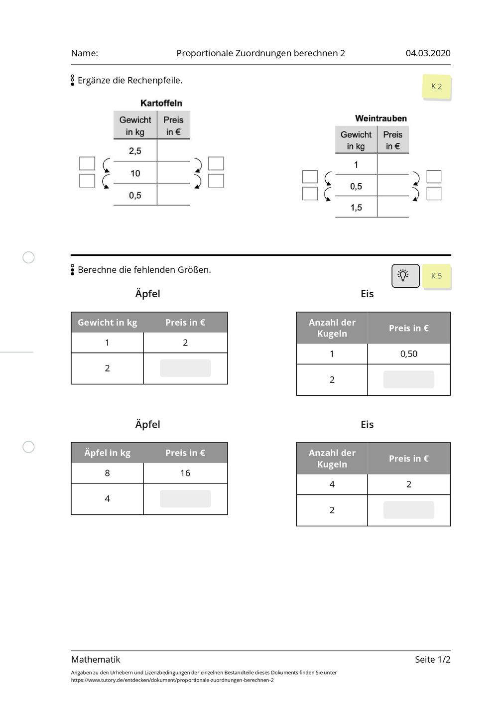 Proportionale Zuordnung Arbeitsblatt
 Arbeitsblatt Proportionale Zuordnungen berechnen 2 Mathematik