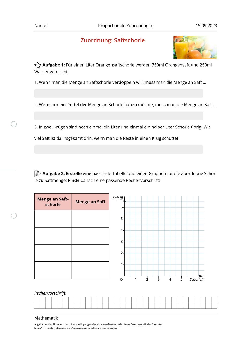 Proportionale Zuordnung Arbeitsblatt
 Arbeitsblatt Proportionale Zuordnungen Mathematik tutory