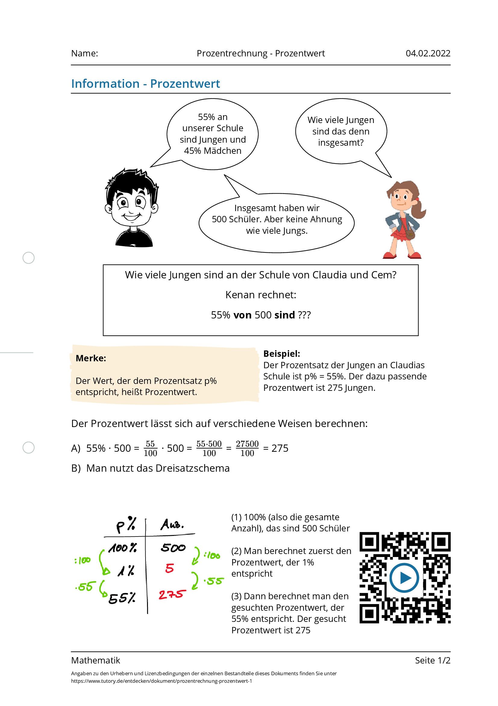 Arbeitsblatt - Prozentrechnung - Prozentwert - Mathematik - Tutory.de