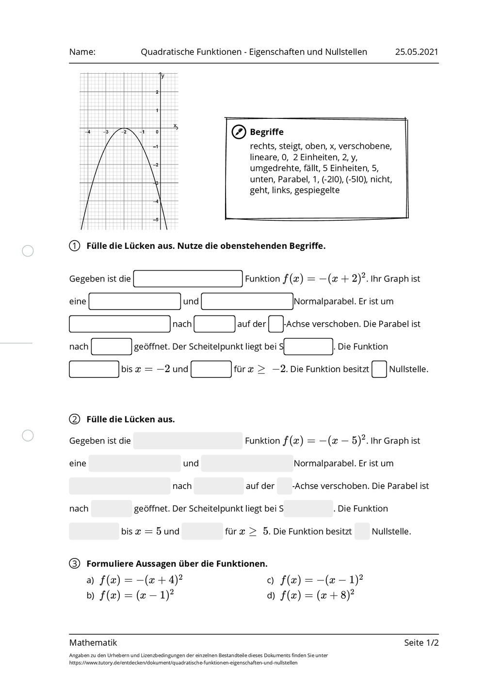 Arbeitsblatt Quadratische Funktionen Eigenschaften Und Nullstellen Mathematik Tutoryde 7478