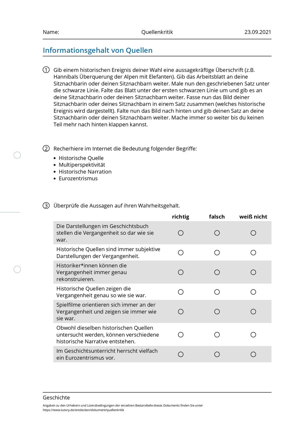 Arbeitsblatt - Quellenkritik - Geschichte - tutory.de