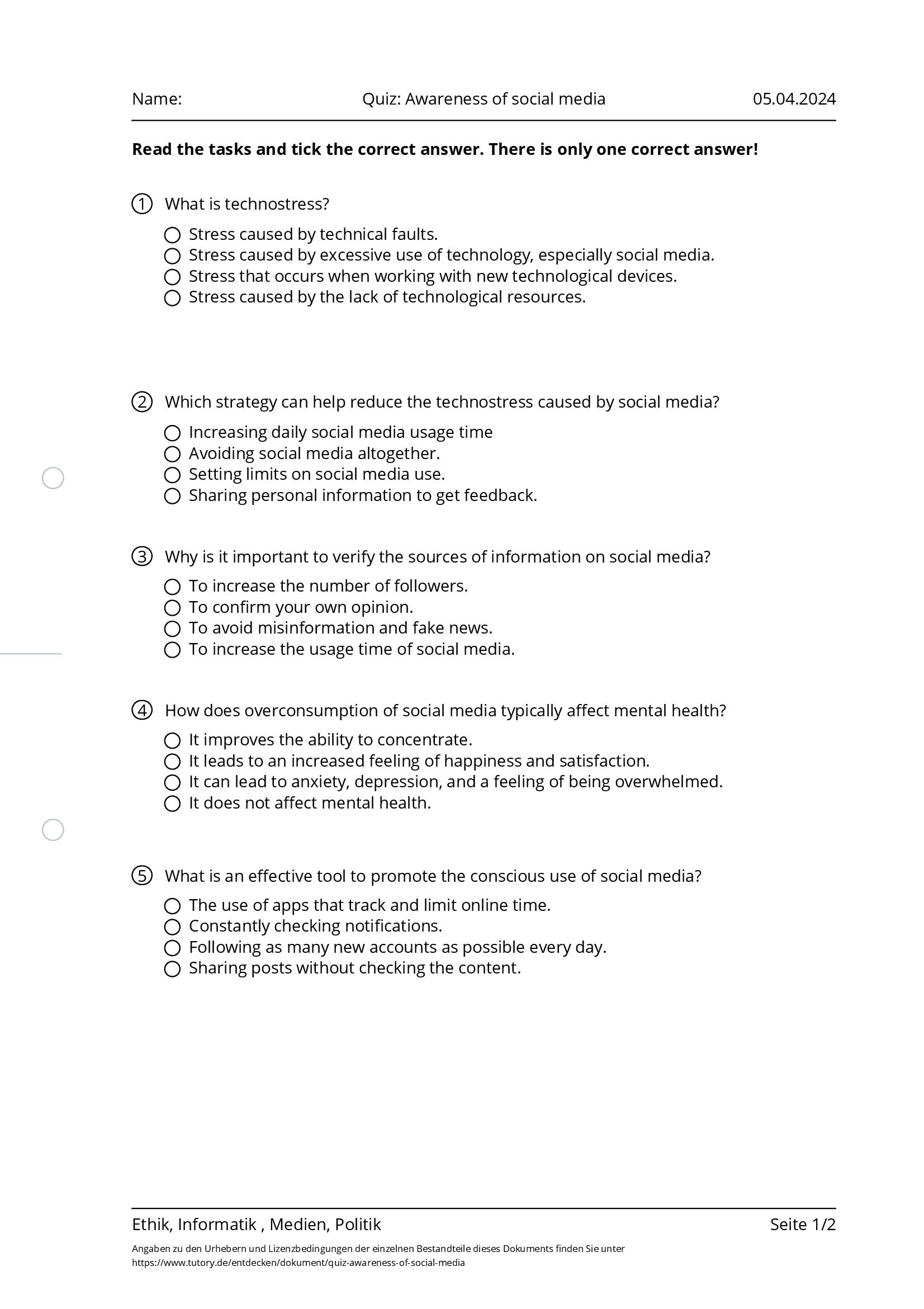 Arbeitsblatt - Quiz: Awareness Of Social Media - Ethik & Informatik ...