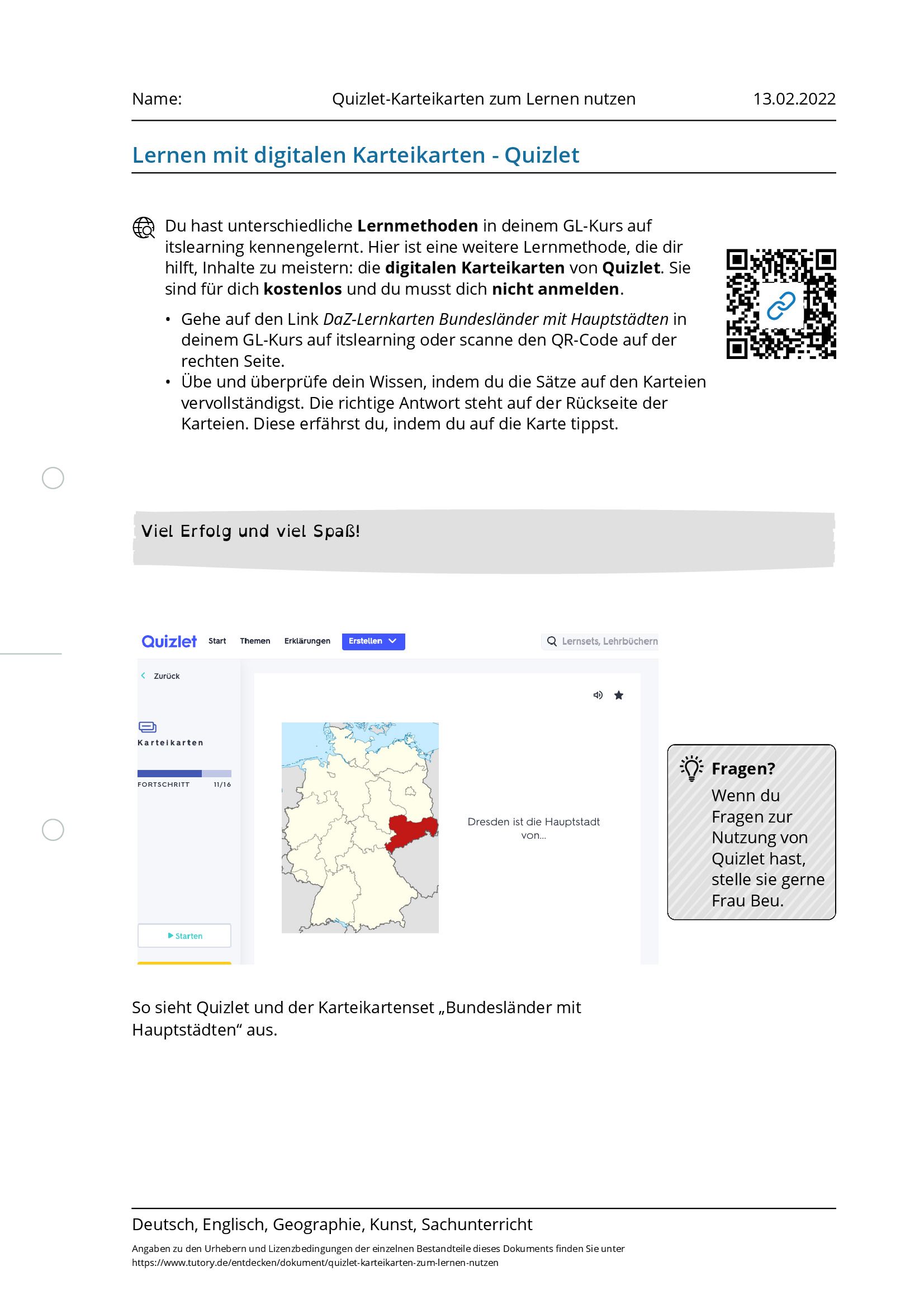 Arbeitsblatt - Quizlet-Karteikarten Zum Lernen Nutzen - Deutsch ...