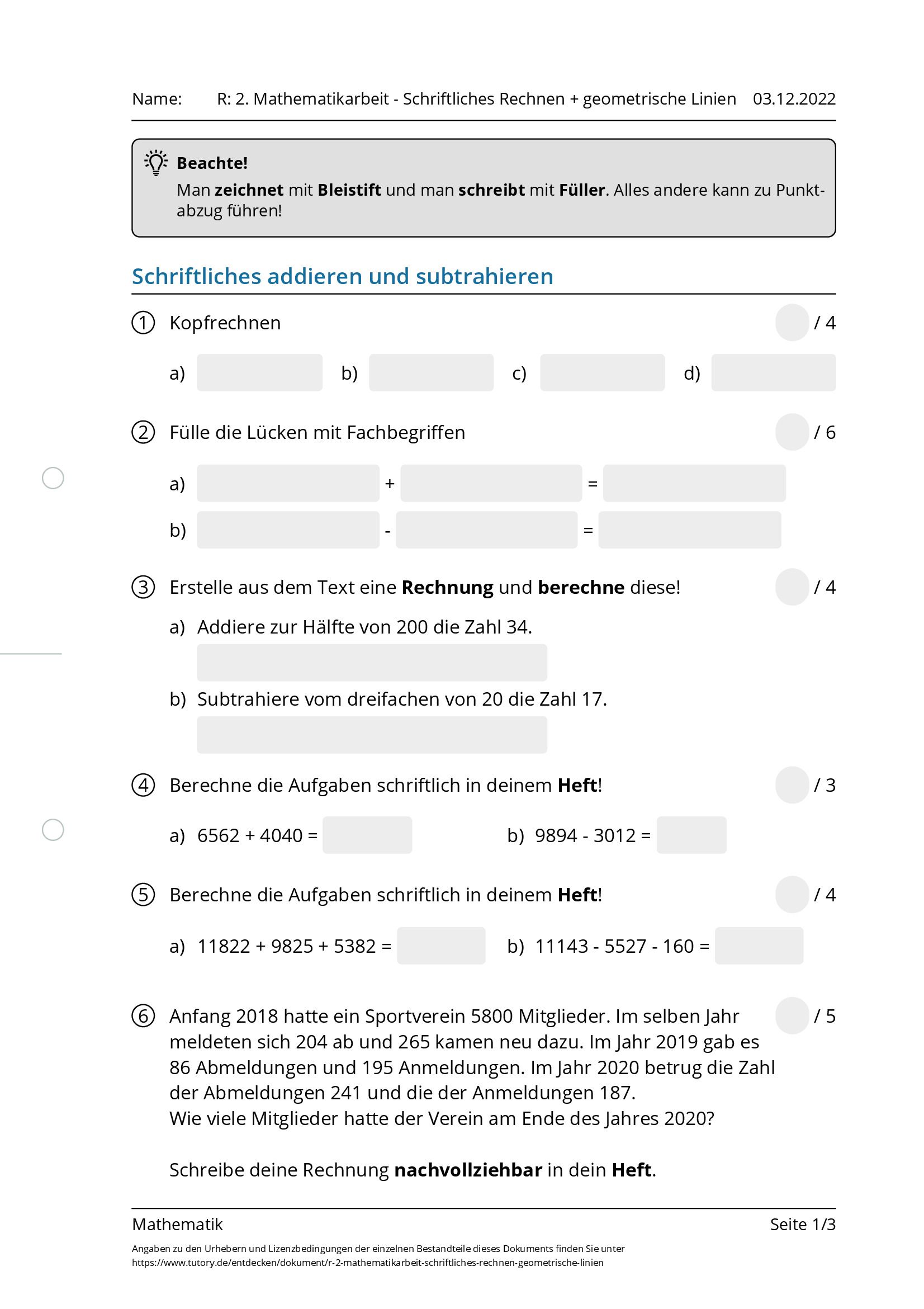 Arbeitsblatt - R: 2. Mathematikarbeit - Schriftliches Rechnen ...