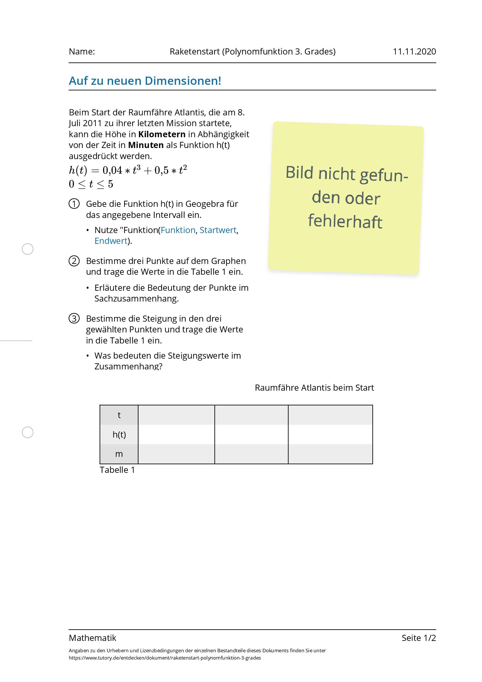 Arbeitsblatt - Raketenstart (Polynomfunktion 3. Grades) - Mathematik ...