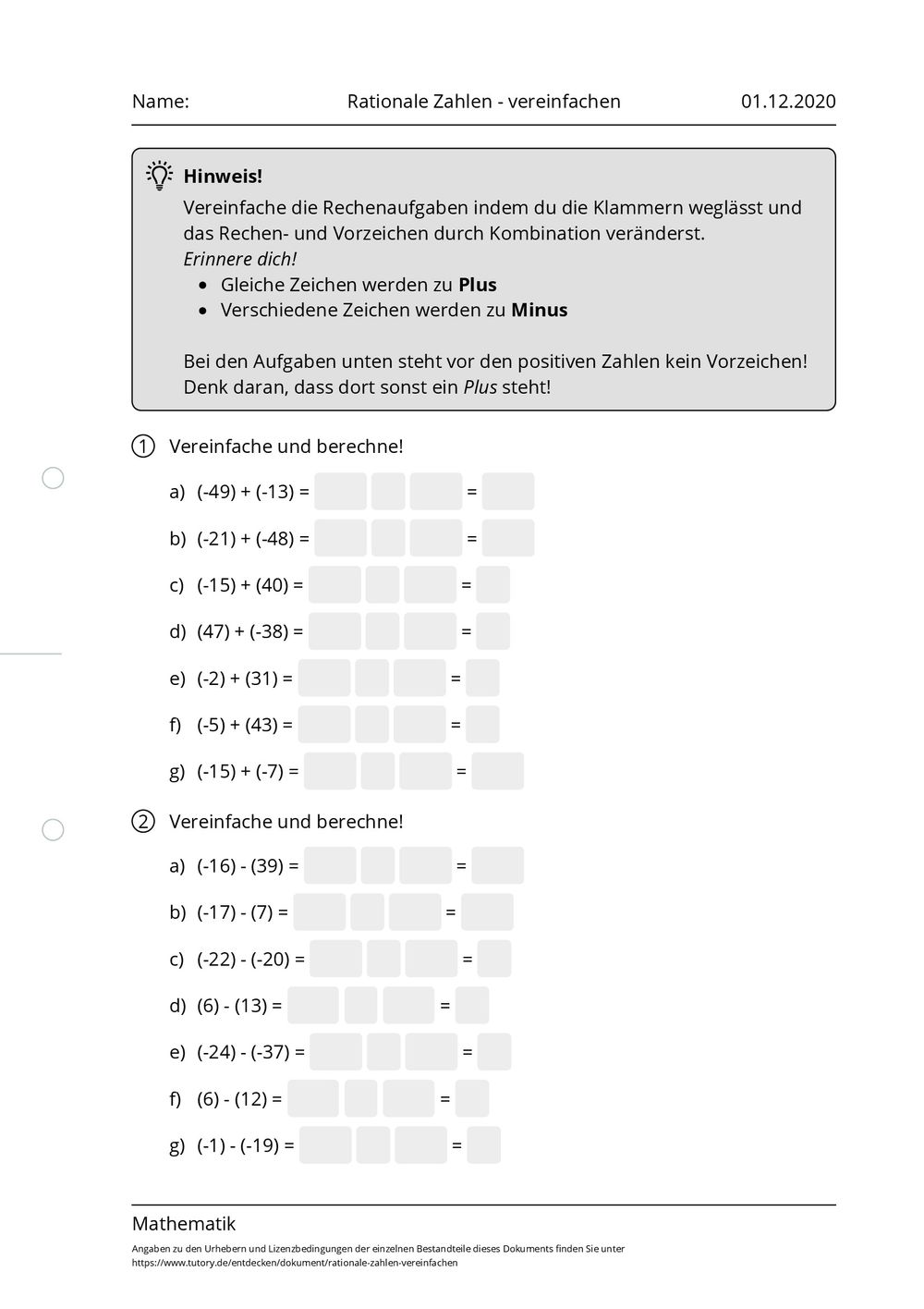 Rationale Zahlen Arbeitsblatt
 Arbeitsblatt Rationale Zahlen vereinfachen Mathematik tutory