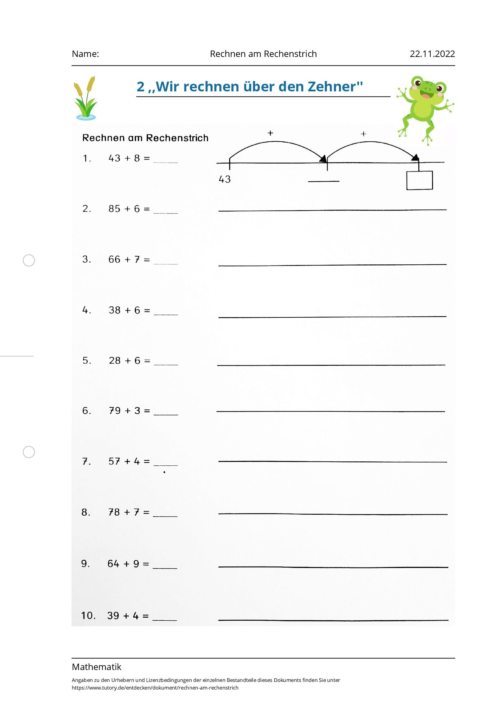 Arbeitsblatt - Rechnen Am Rechenstrich - Mathematik - Tutory.de