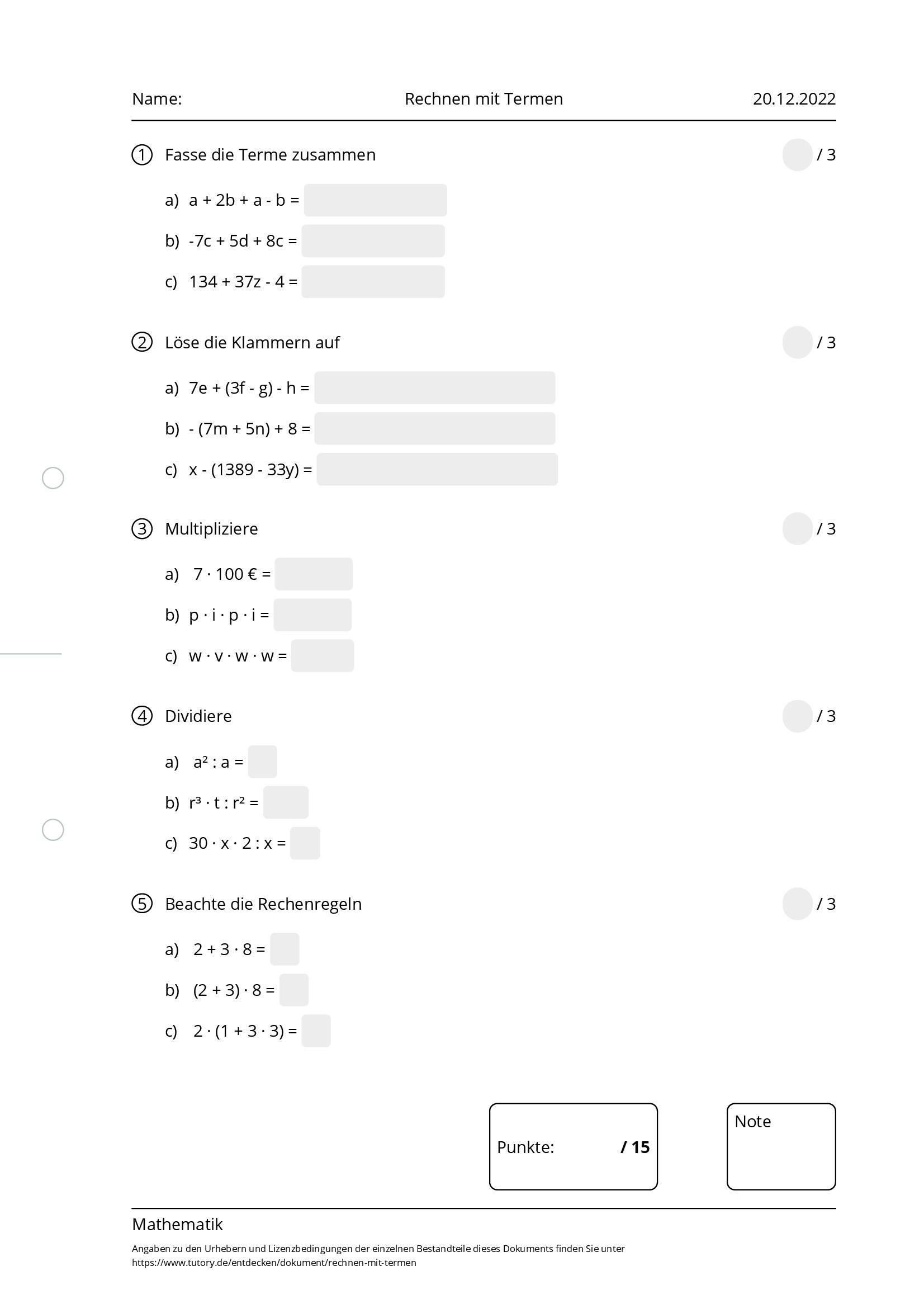 Arbeitsblatt - Rechnen Mit Termen - Mathematik - Tutory.de