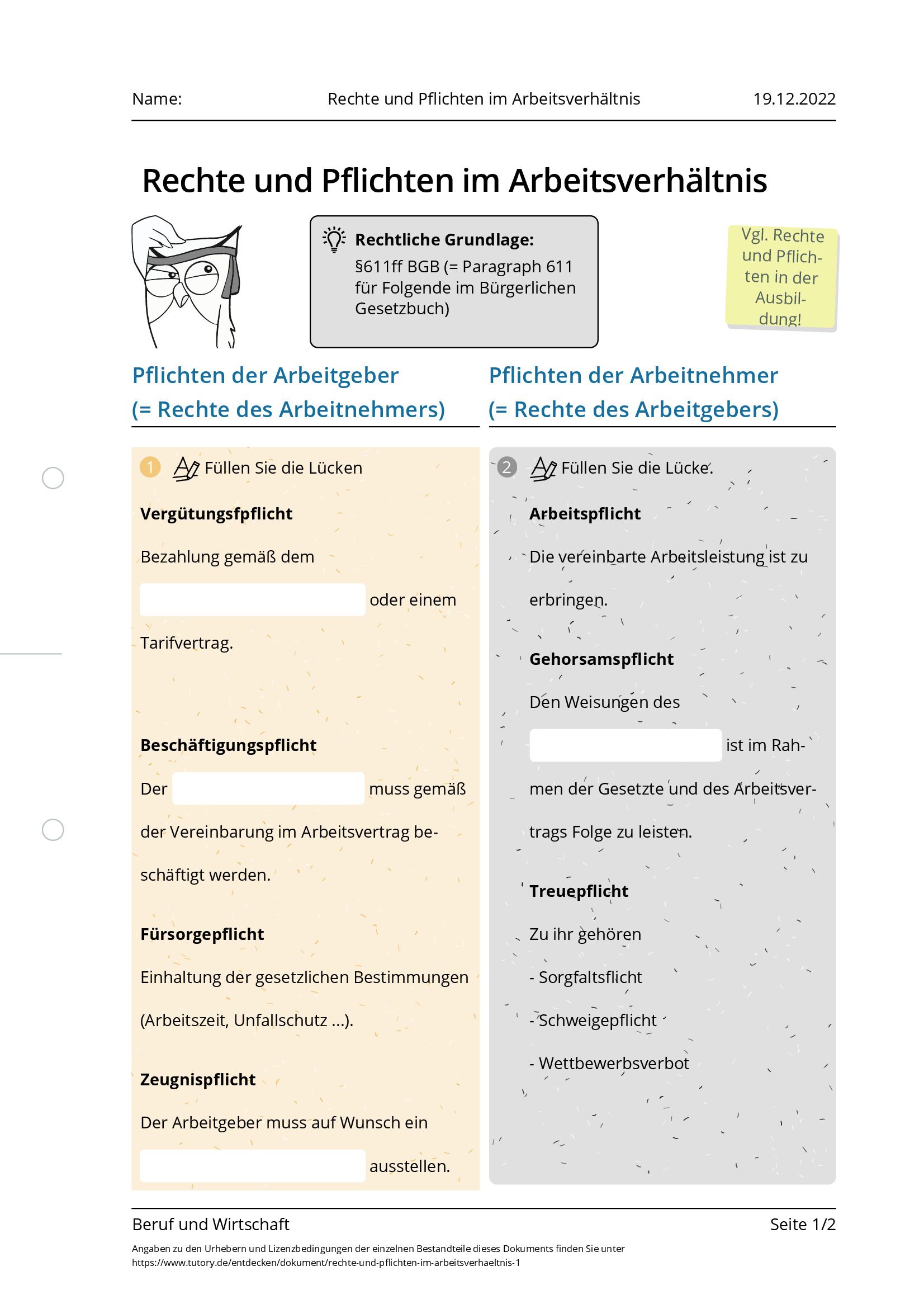 Arbeitsblatt - Rechte Und Pflichten Im Arbeitsverhältnis - Beruf Und ...