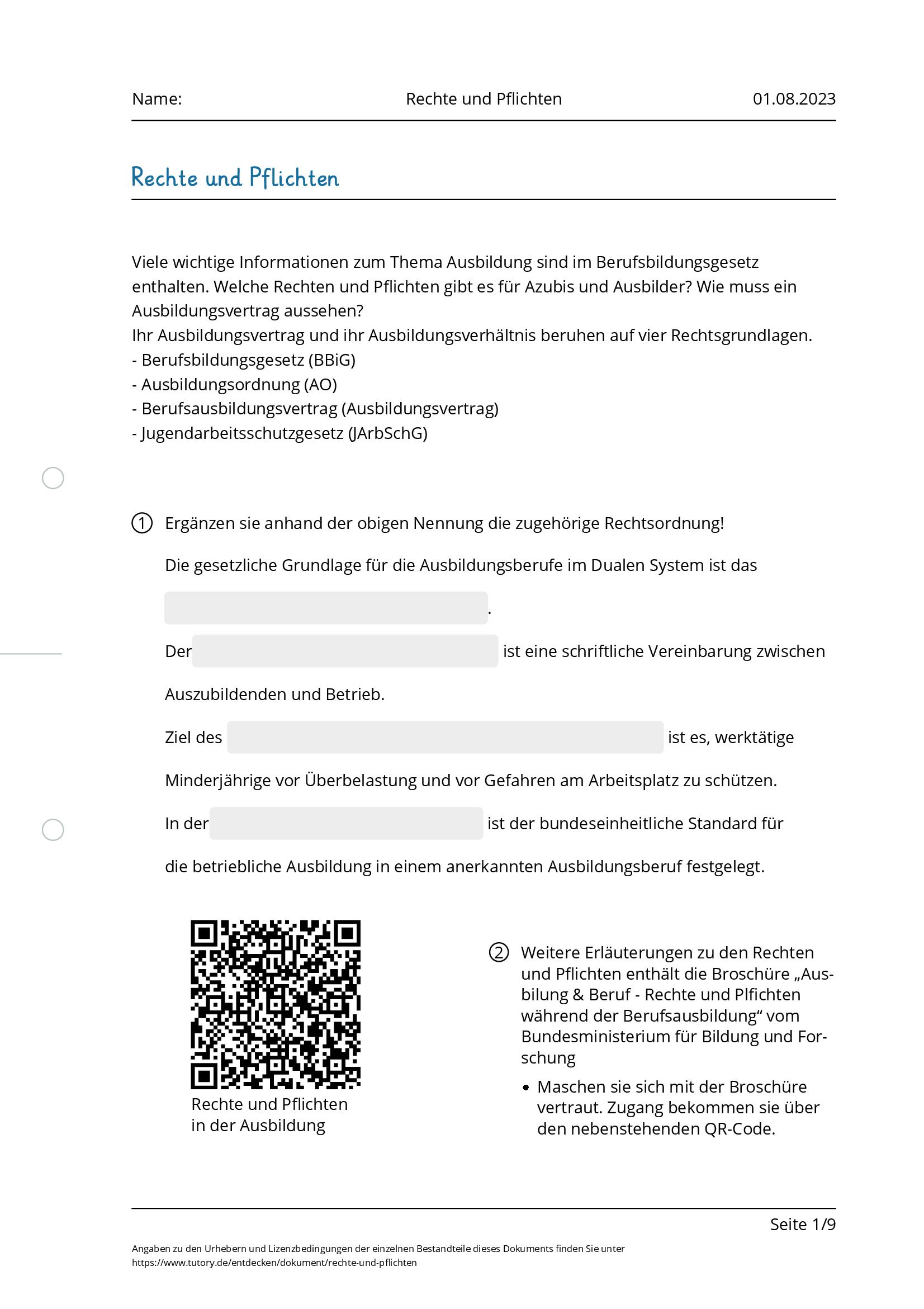 Arbeitsblatt - Rechte Und Pflichten - Tutory.de