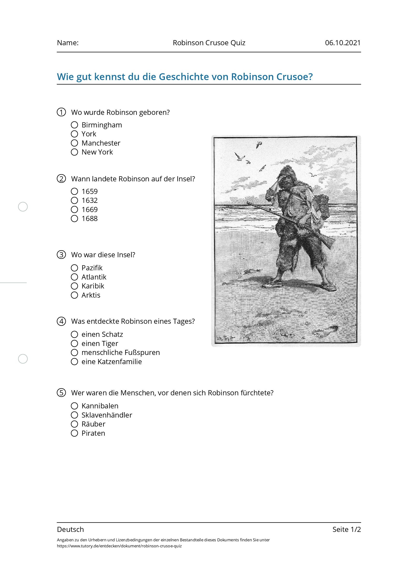 Arbeitsblatt - Robinson Crusoe Quiz - Deutsch - Tutory.de