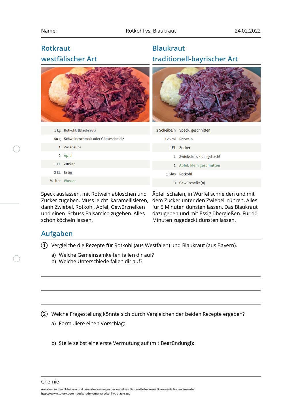 rotkohl experiment arbeitsblatt