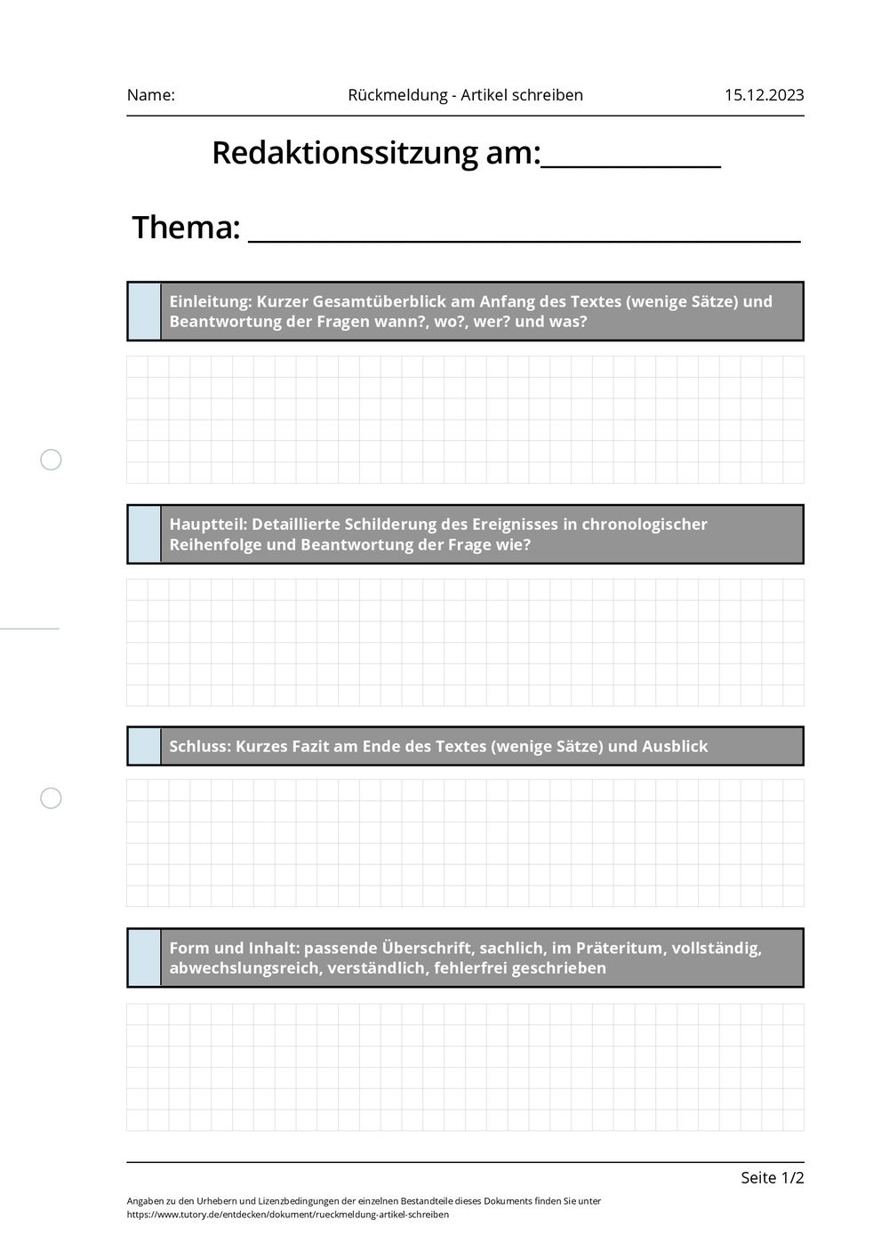 Arbeitsblatt - Rückmeldung - Artikel schreiben - tutory.de