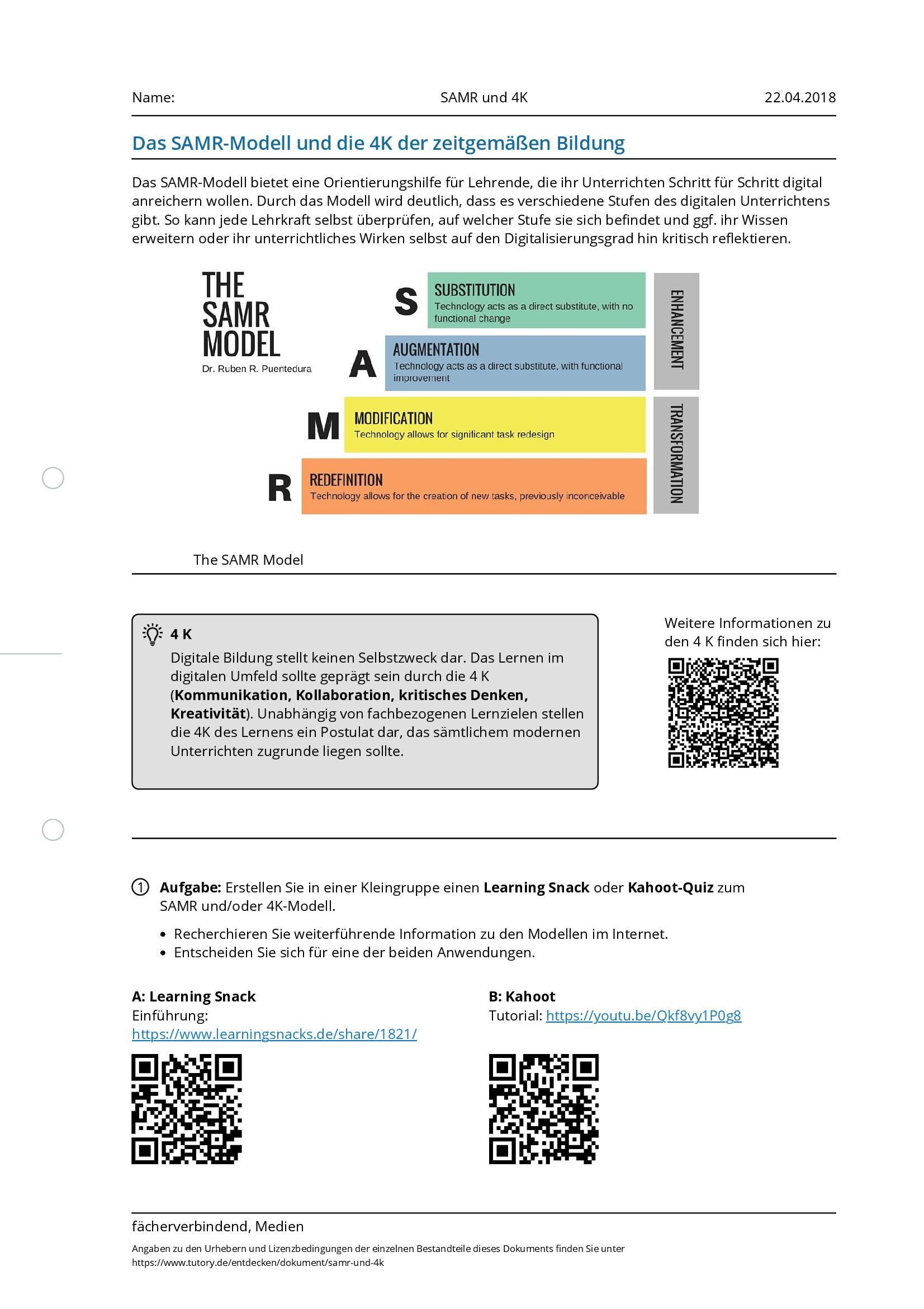 Arbeitsblatt - SAMR Und 4K - Fächerverbindend & Medien - Tutory.de