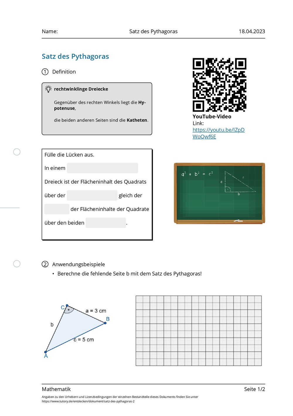 Pythagoras Arbeitsblatt
 Arbeitsblatt Satz des Pythagoras Mathematik tutory