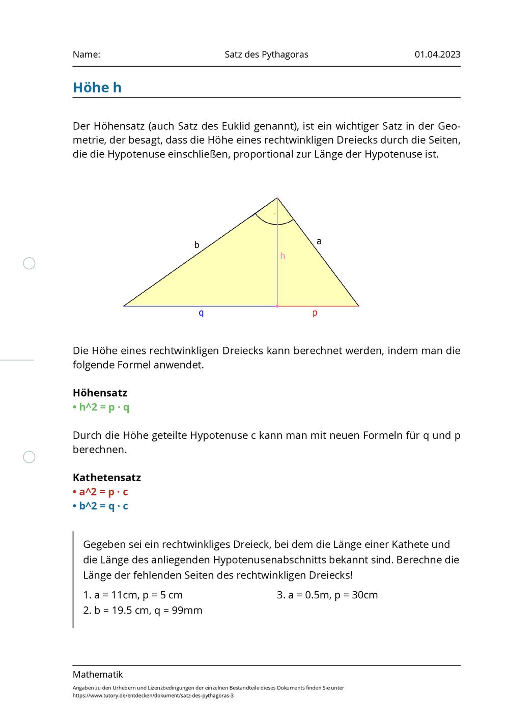 Pythagoras Arbeitsblatt
 Arbeitsblatt Satz des Pythagoras Mathematik tutory