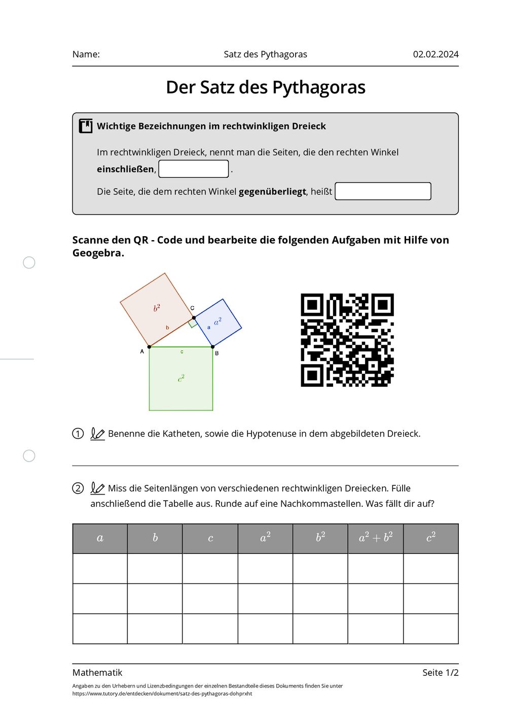 Arbeitsblatt Satz Des Pythagoras
 Arbeitsblatt Satz des Pythagoras Mathematik tutory