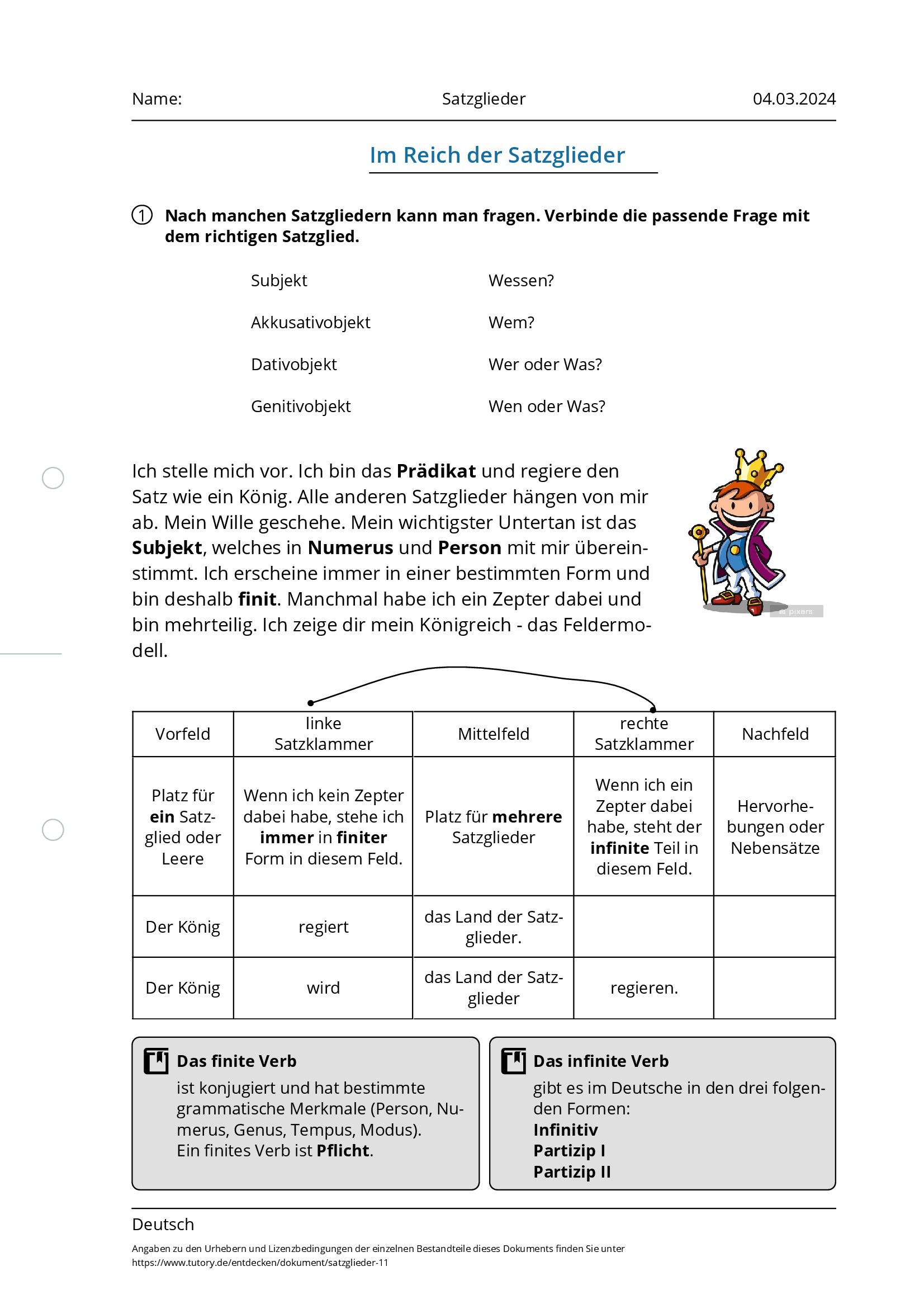 Arbeitsblatt - Satzglieder - Deutsch - Tutory.de