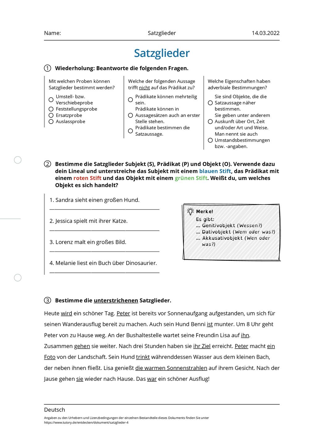 Arbeitsblatt Satzglieder Deutsch Tutoryde 9817