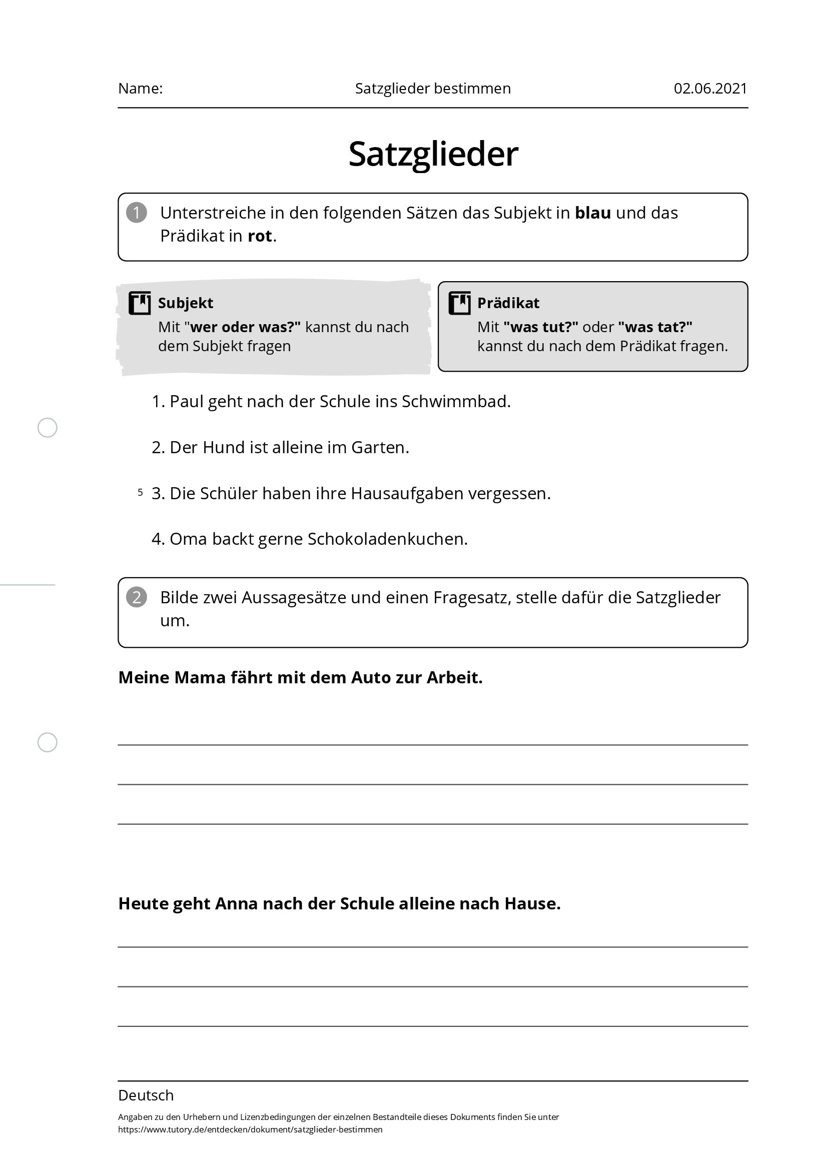 Arbeitsblatt - Satzglieder Bestimmen - Deutsch - Tutory.de