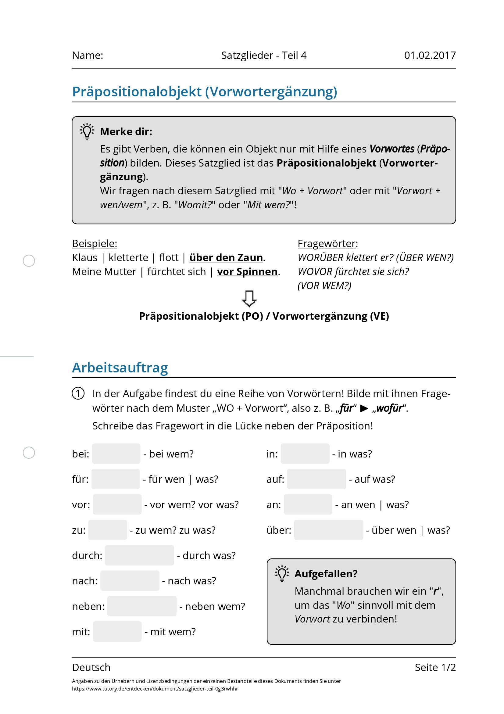 Arbeitsblatt - Satzglieder - Teil 4 - Deutsch - Sonstige - Tutory.de