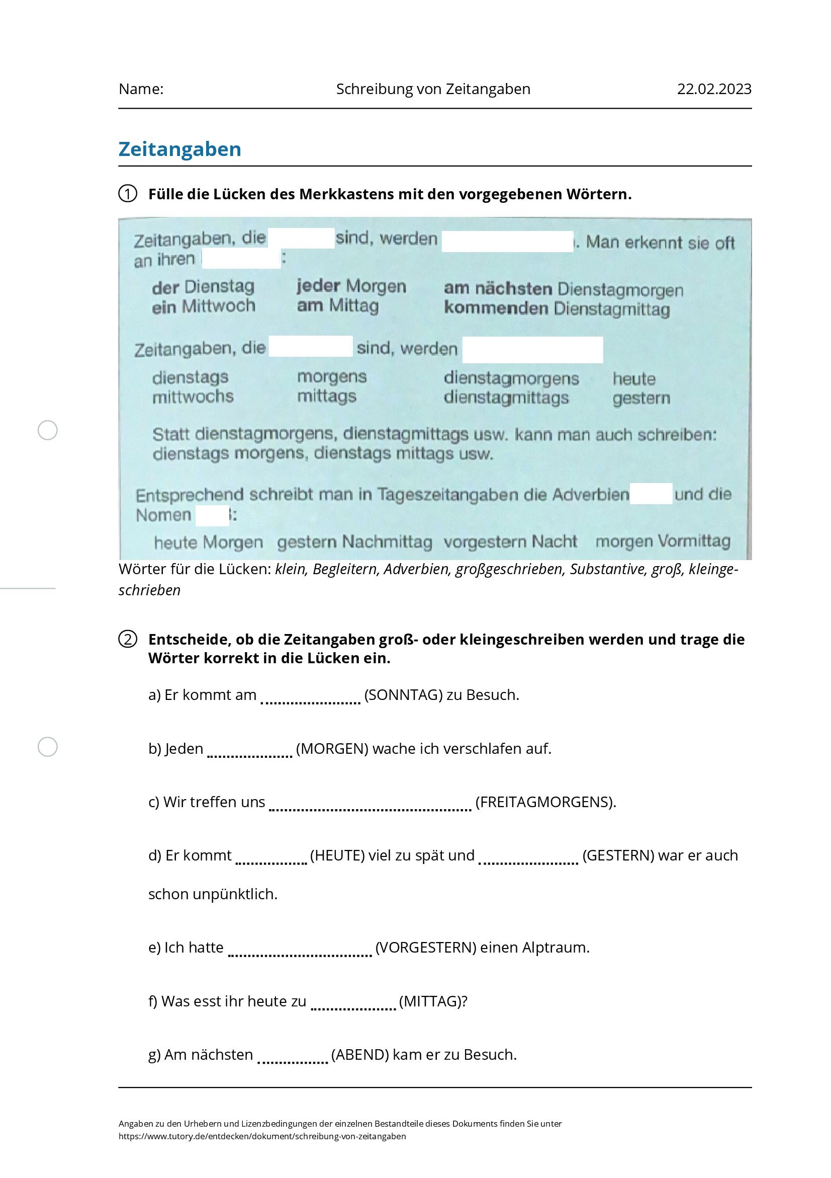 Arbeitsblatt - Schreibung Von Zeitangaben - Tutory.de