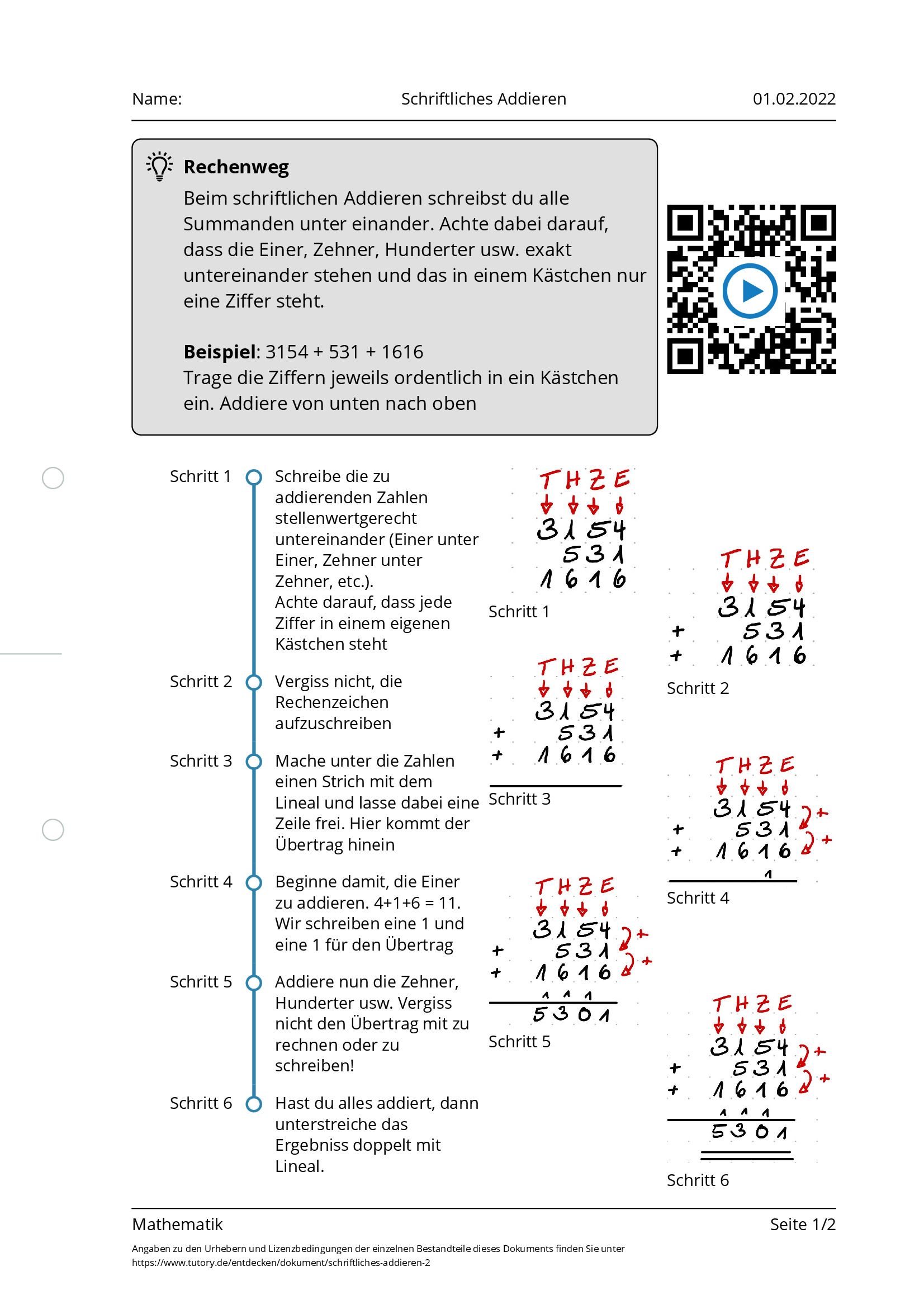 Arbeitsblatt - Schriftliches Addieren - Mathematik - Tutory.de