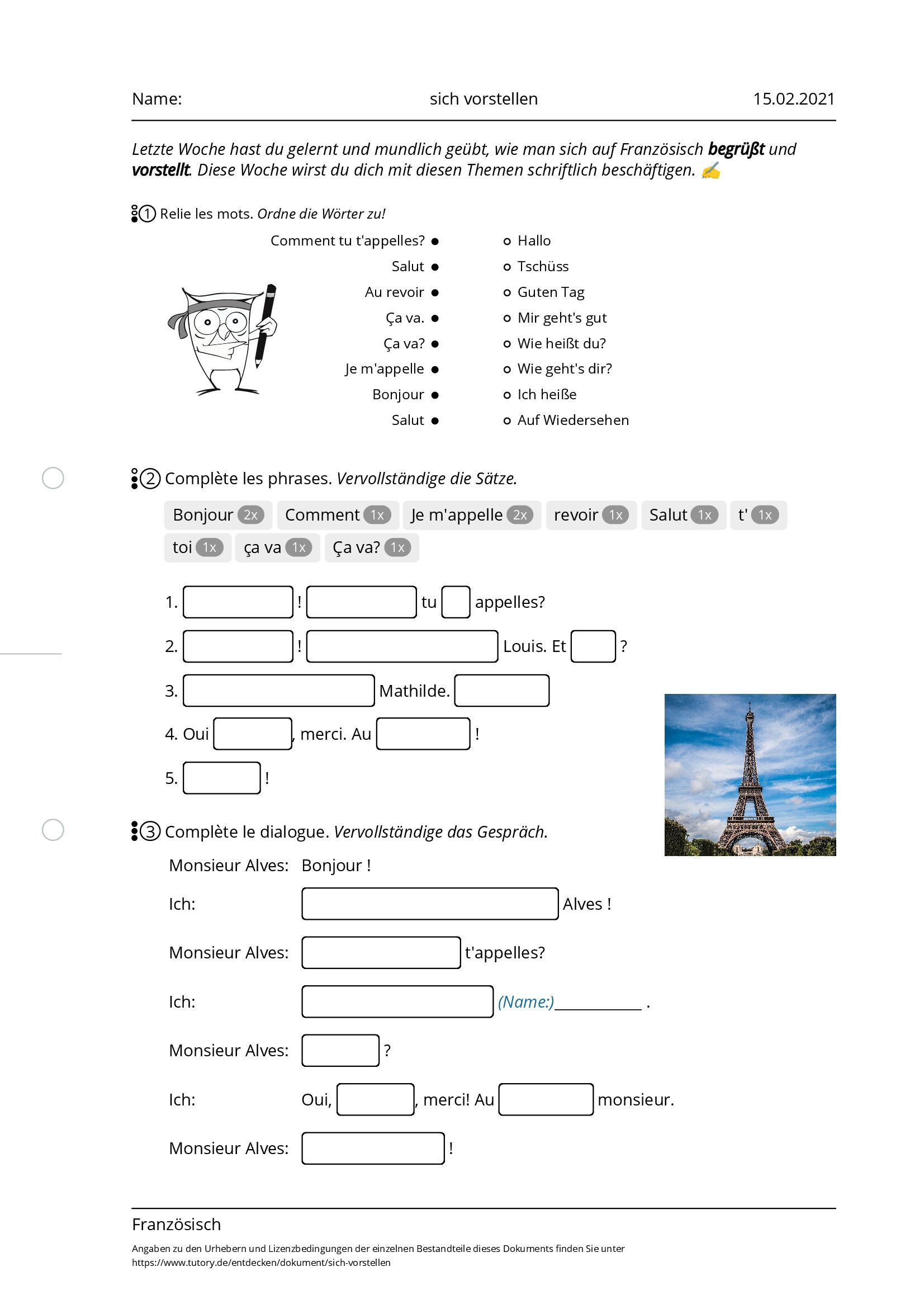 Arbeitsblatt - Sich Vorstellen - Französisch - Tutory.de