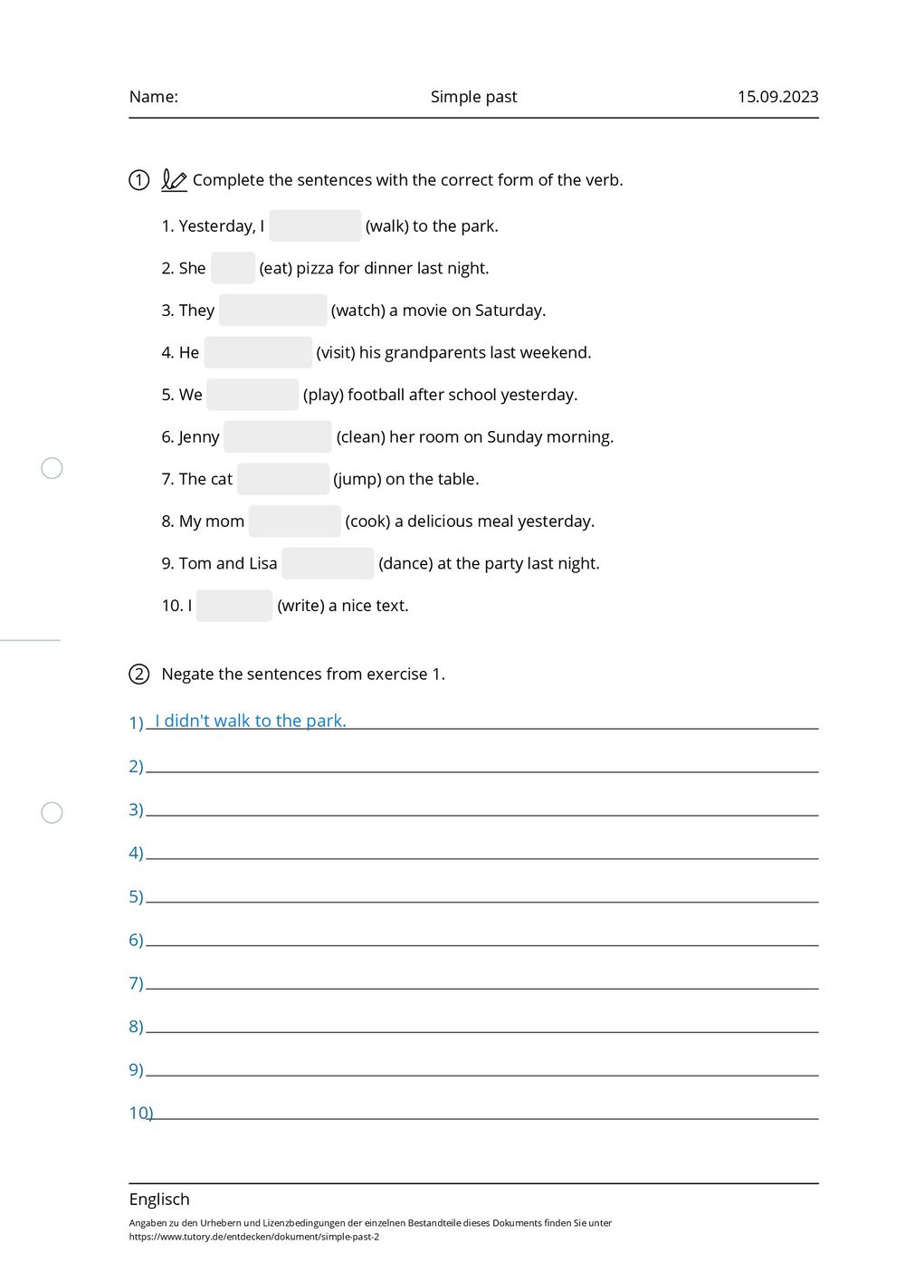 Arbeitsblatt - Simple past - Englisch - tutory.de