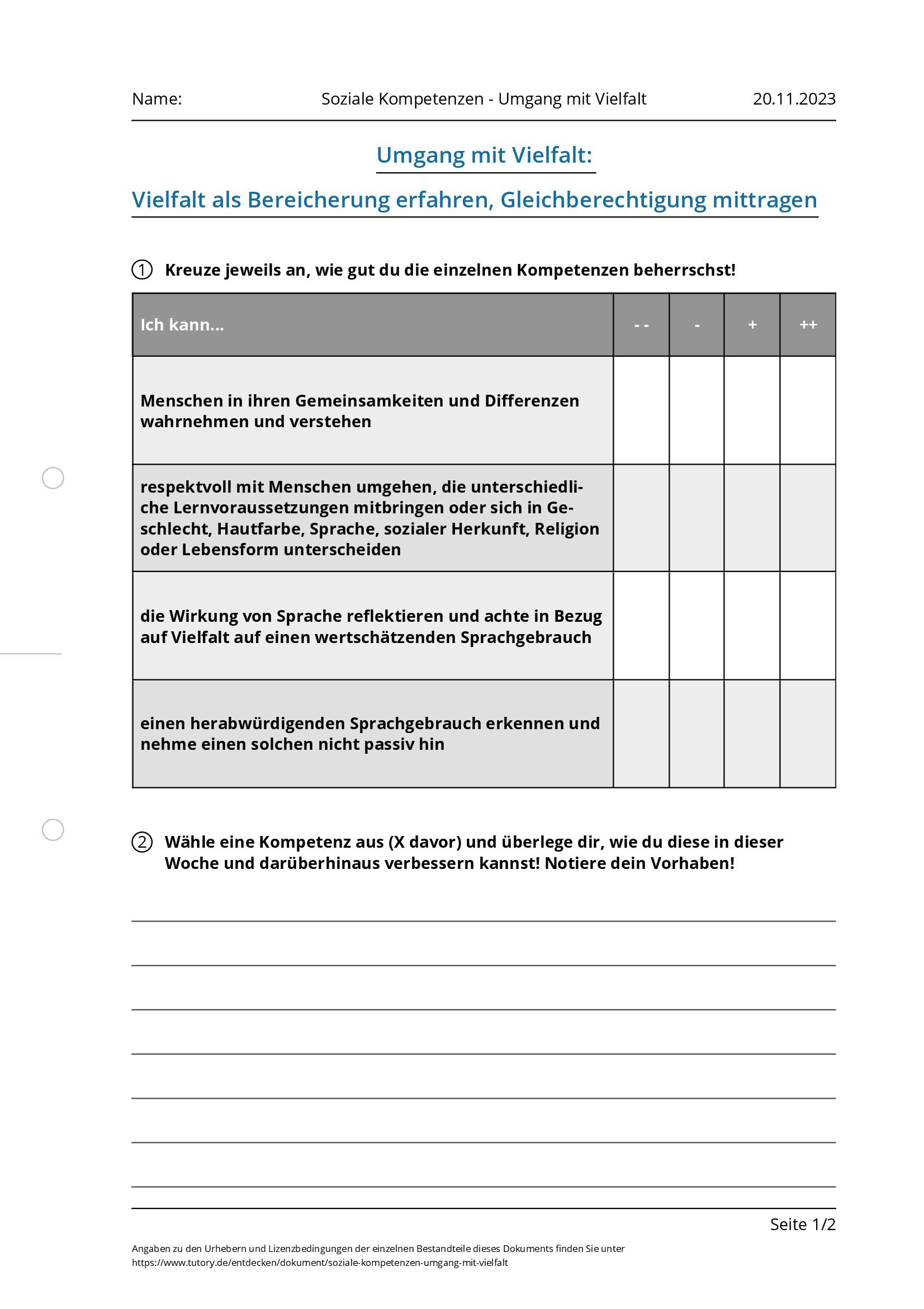 Arbeitsblatt - Soziale Kompetenzen - Umgang Mit Vielfalt - Tutory.de