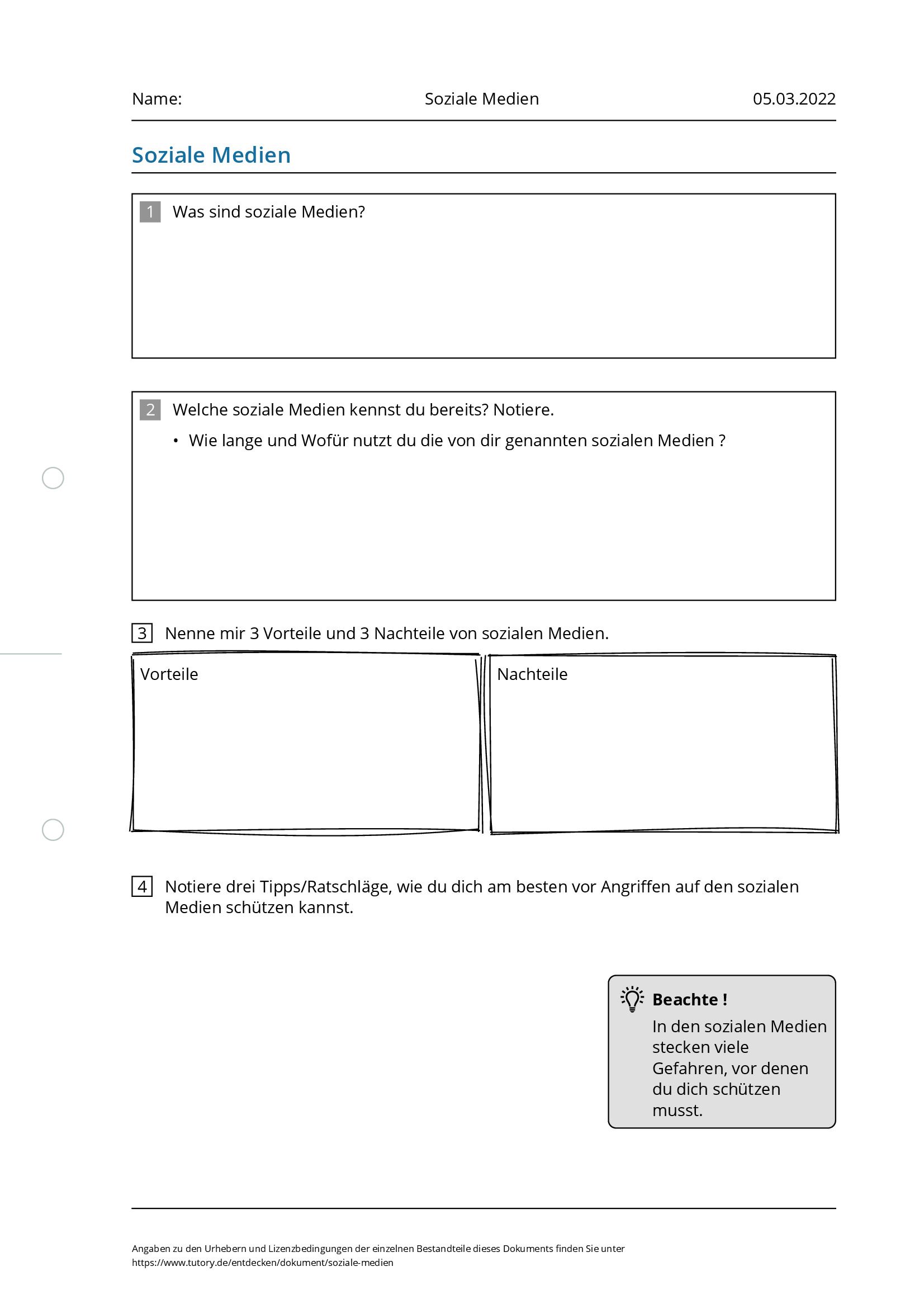 Arbeitsblatt - Soziale Medien - Tutory.de