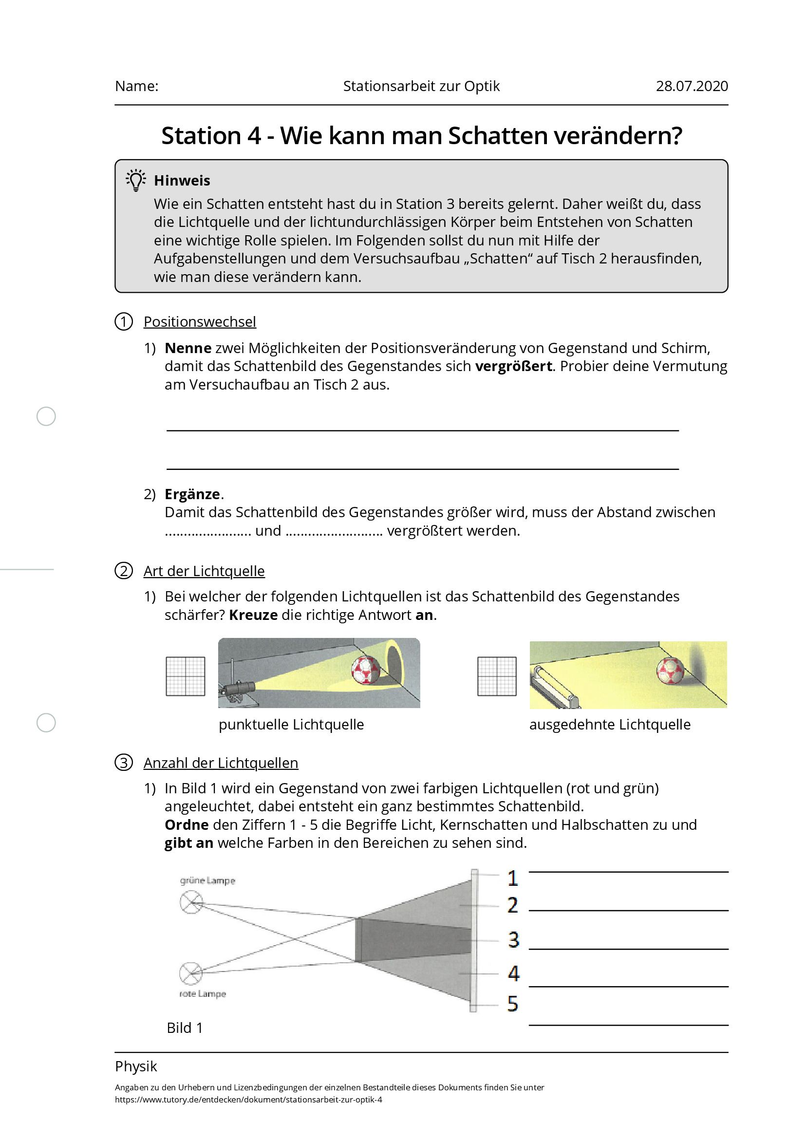 Arbeitsblatt - Stationsarbeit Zur Optik - Physik - Tutory.de