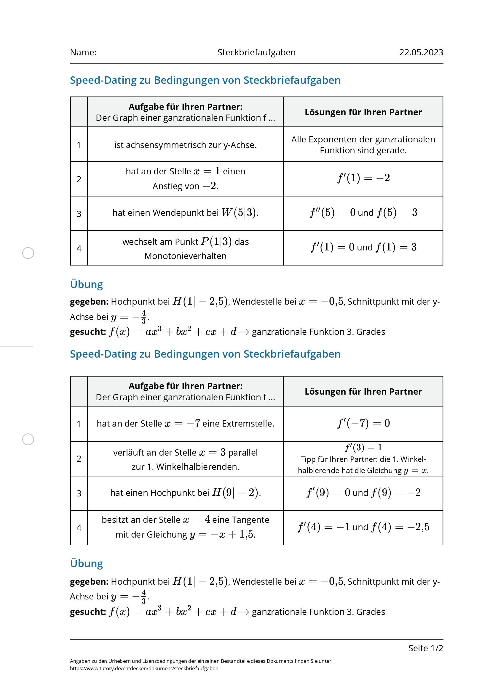 Arbeitsblatt - Steckbriefaufgaben - Tutory.de