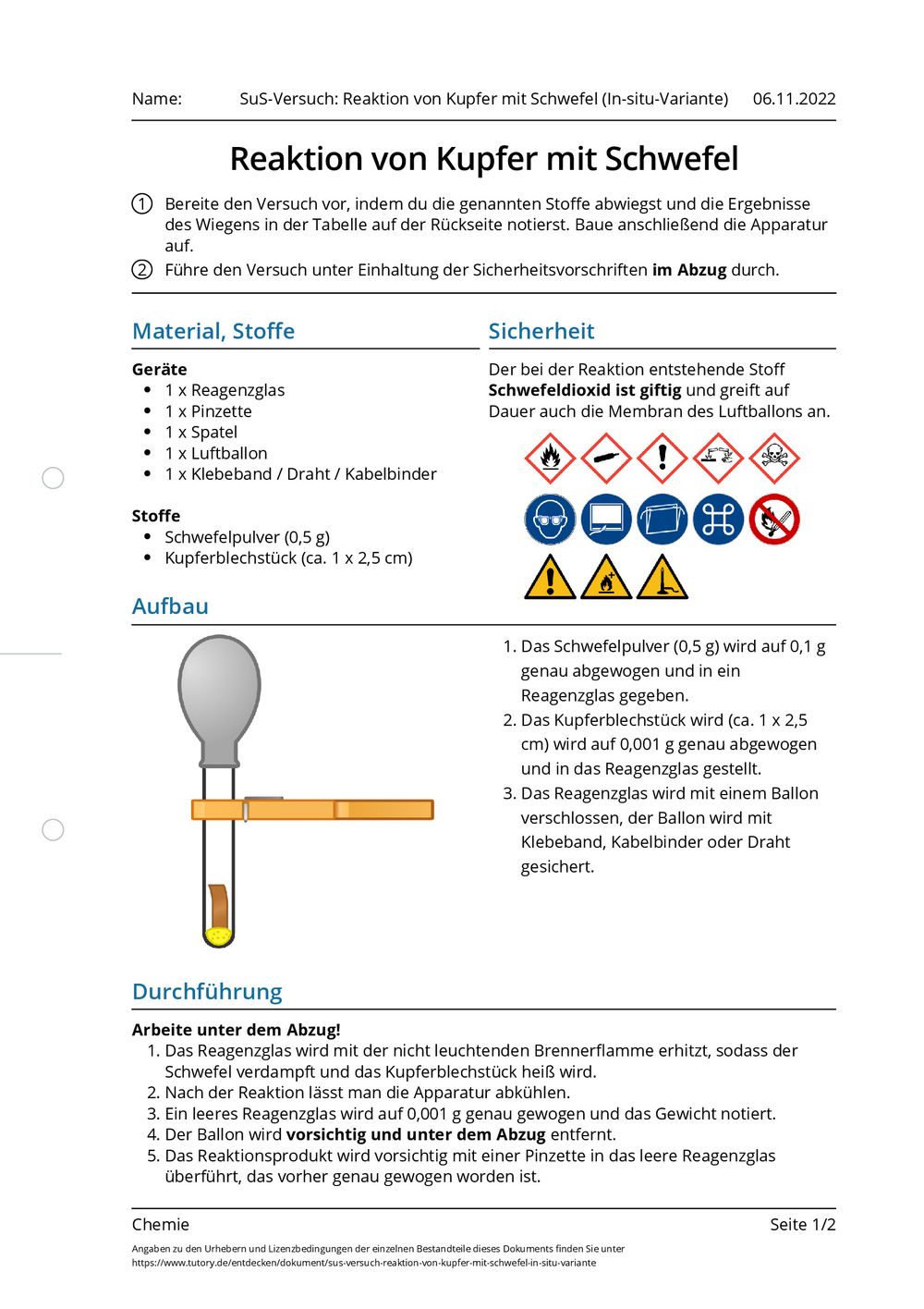 kupfer und schwefel experiment