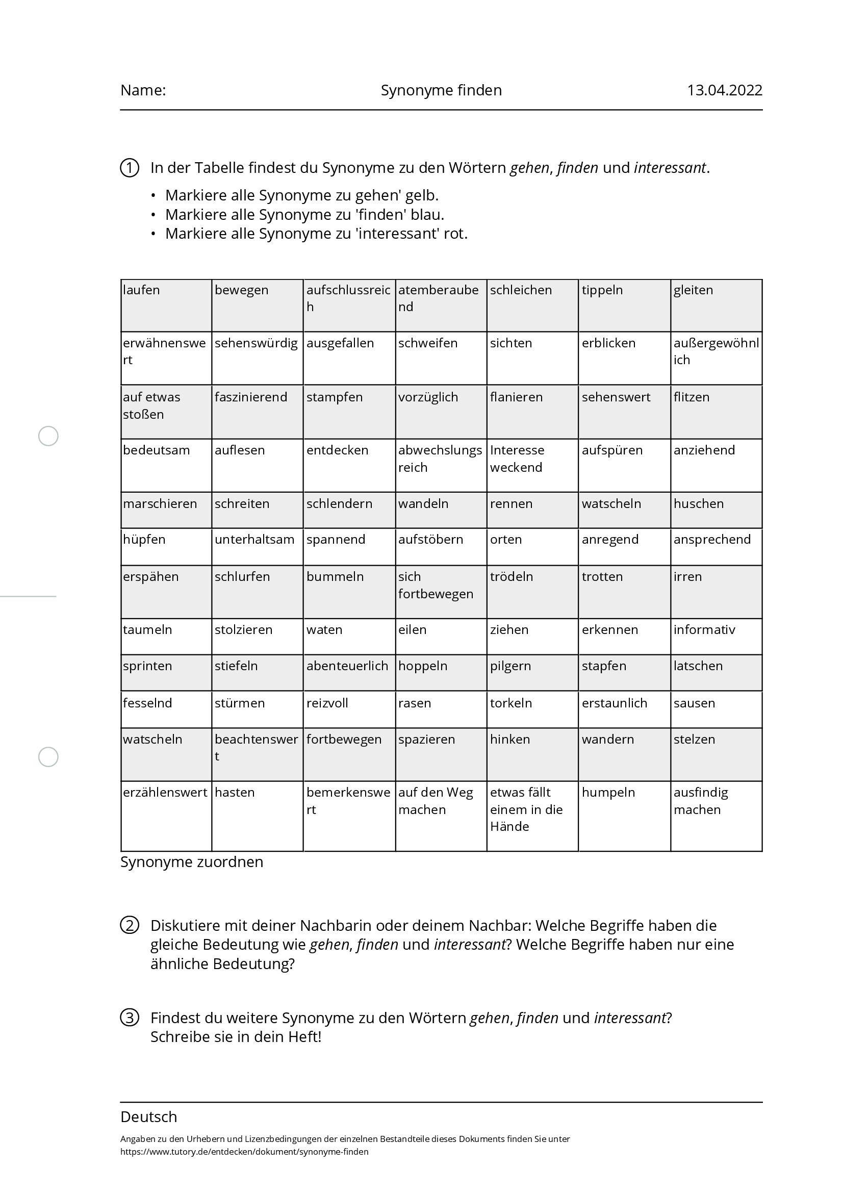 Arbeitsblatt Synonyme Finden Deutsch Tutory de