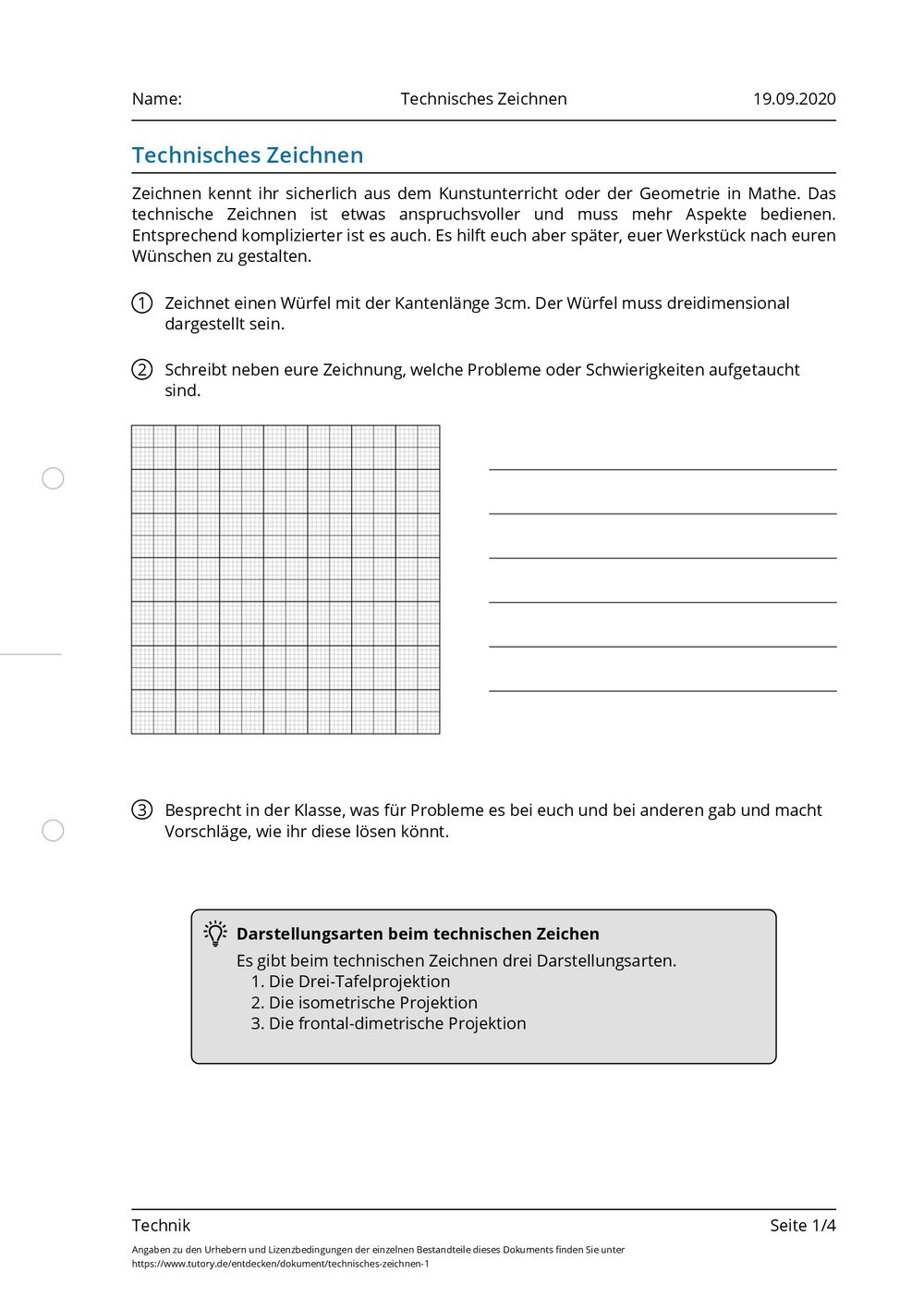 Arbeitsblatt - Technisches Zeichnen - Technik - tutory.de