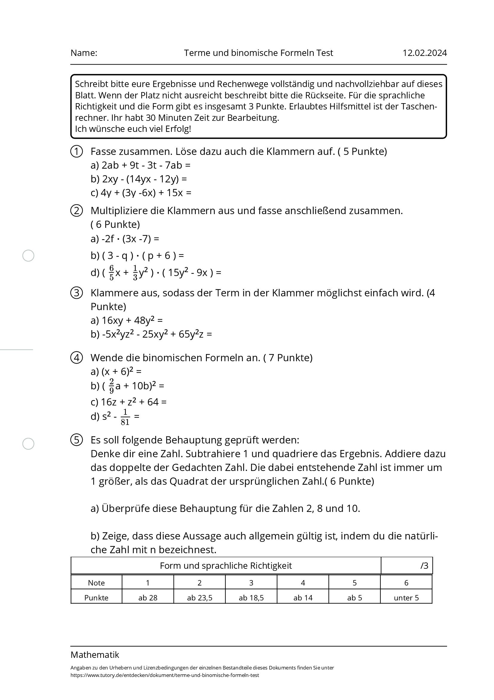 Arbeitsblatt - Terme Und Binomische Formeln Test - Mathematik - Tutory.de