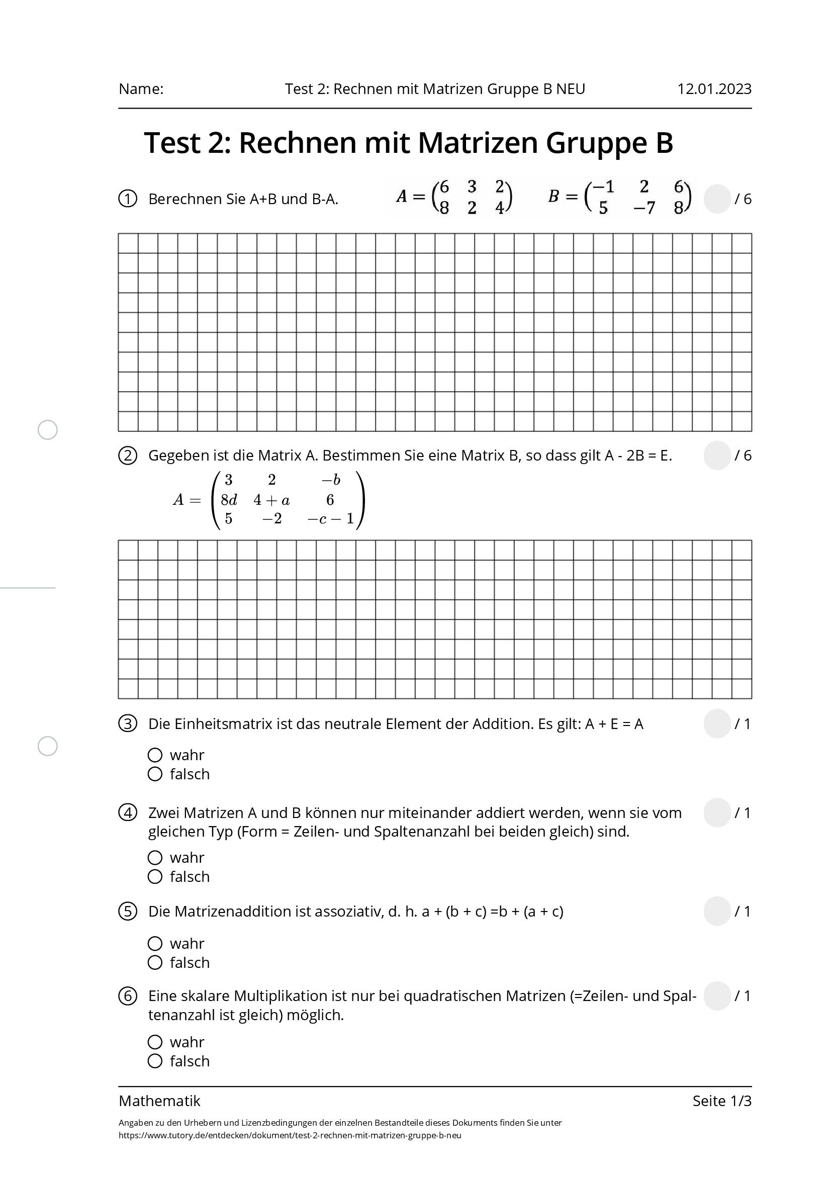 Arbeitsblatt - Test 2: Rechnen Mit Matrizen Gruppe B NEU - Mathematik ...