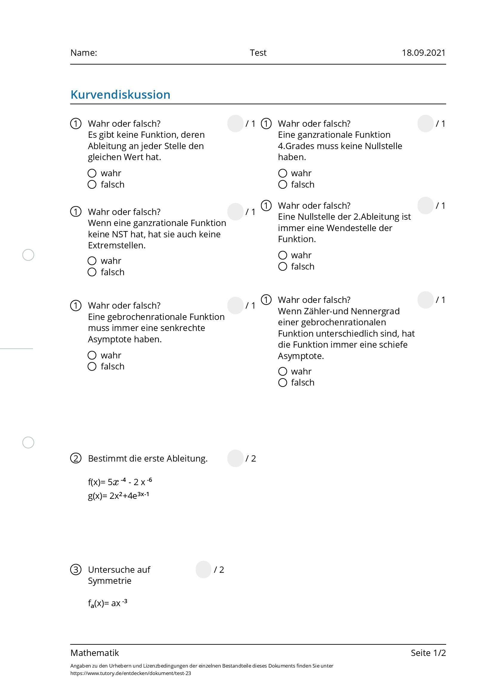 Arbeitsblatt - Test - Mathematik - Tutory.de