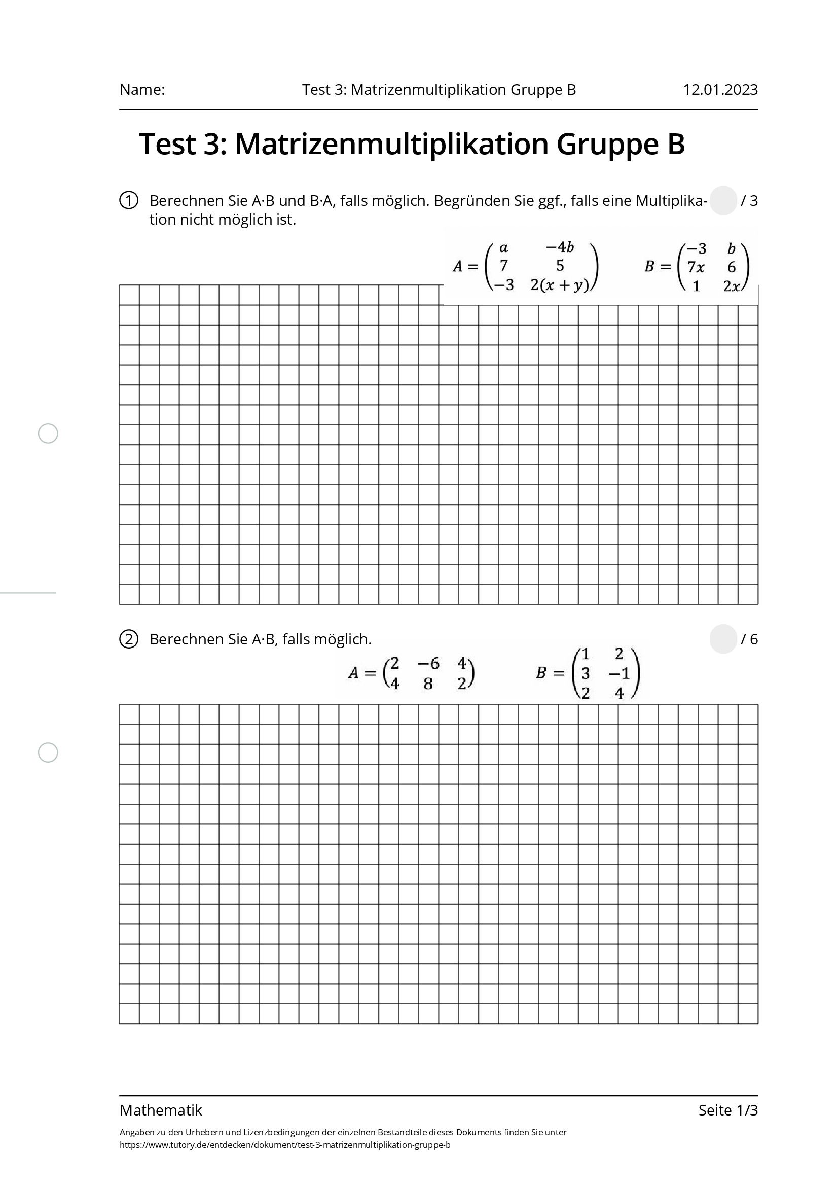 Arbeitsblatt - Test 3: Matrizenmultiplikation Gruppe B - Mathematik ...