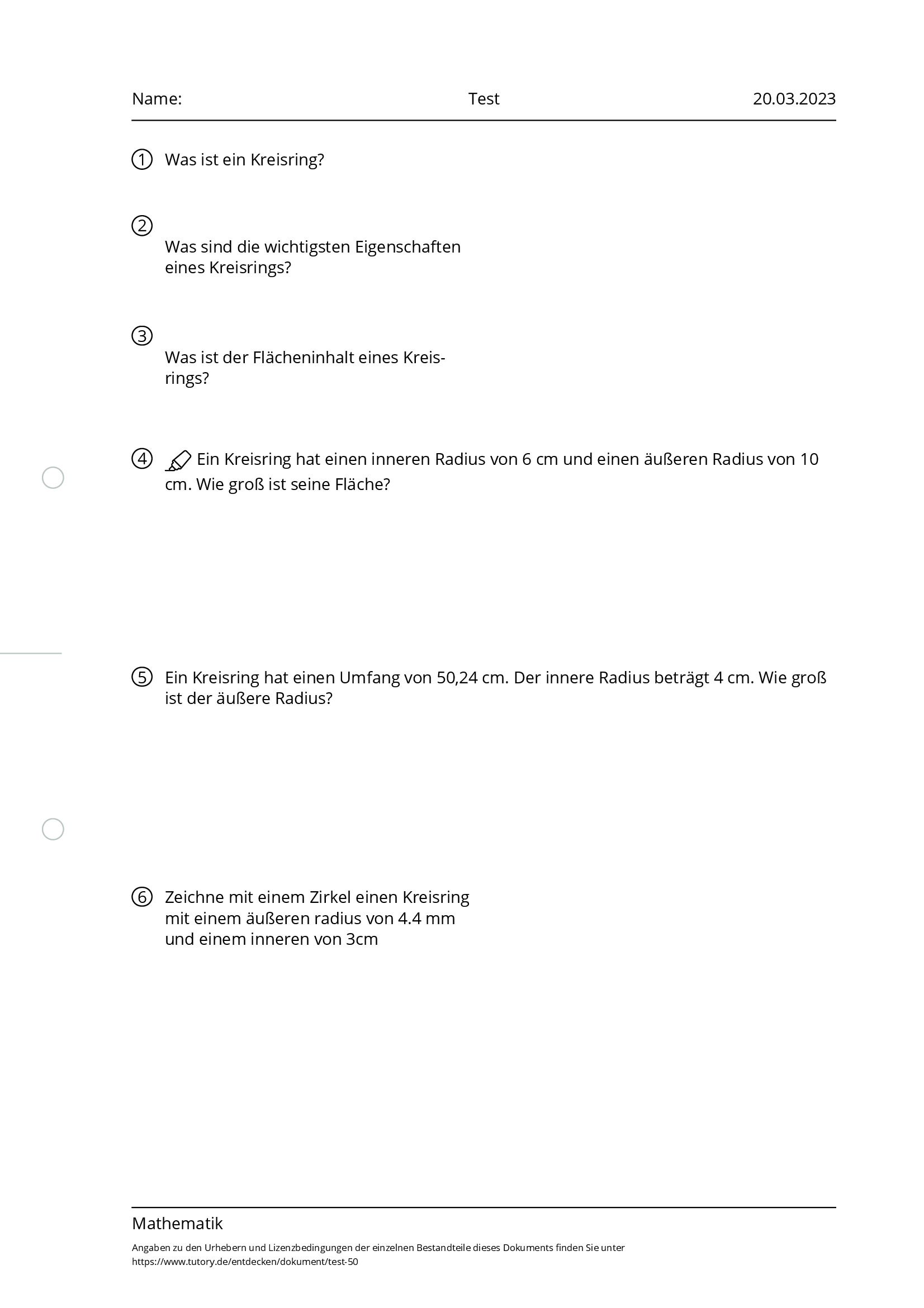 Arbeitsblatt - Test - Mathematik - Tutory.de