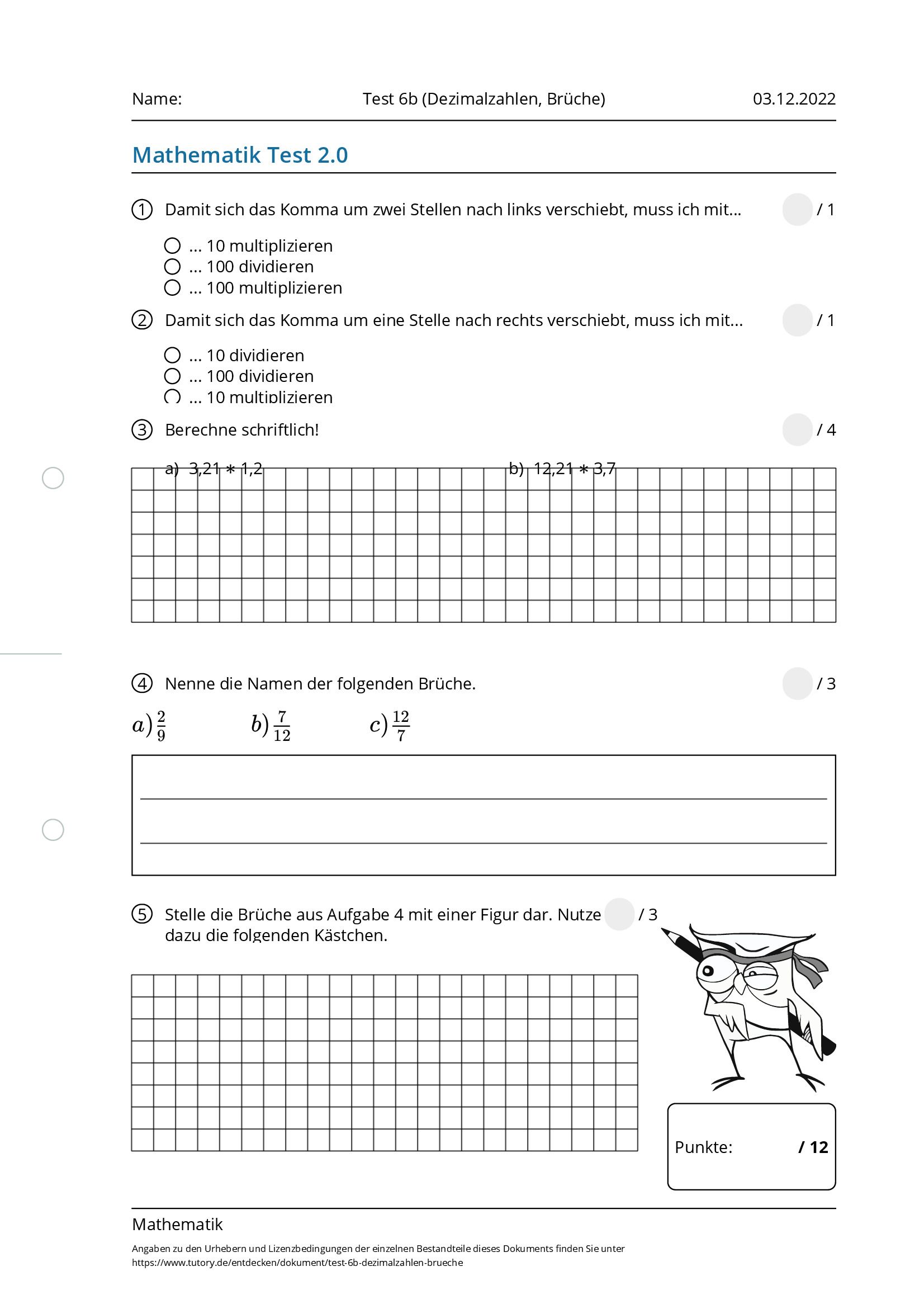 Arbeitsblatt - Test 6b (Dezimalzahlen, Brüche) - Mathematik - Tutory.de