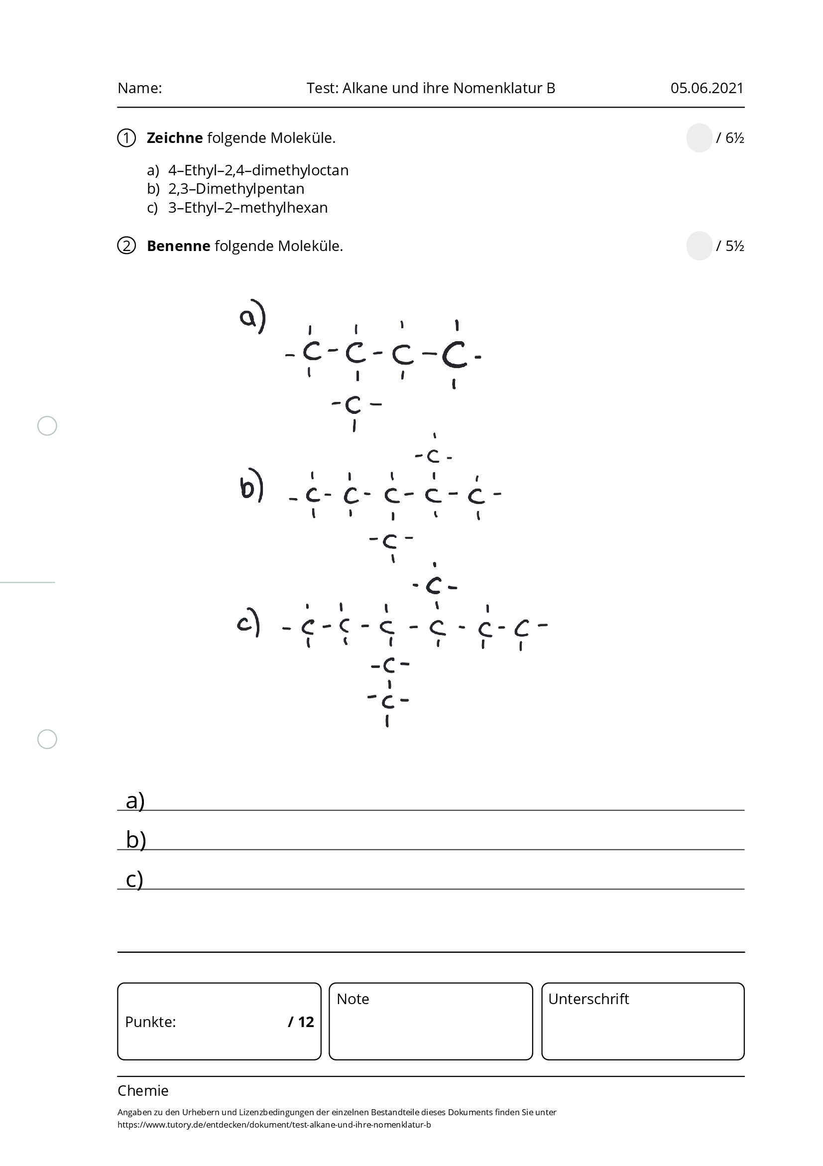 Arbeitsblatt - Test: Alkane Und Ihre Nomenklatur B - Chemie - Tutory.de