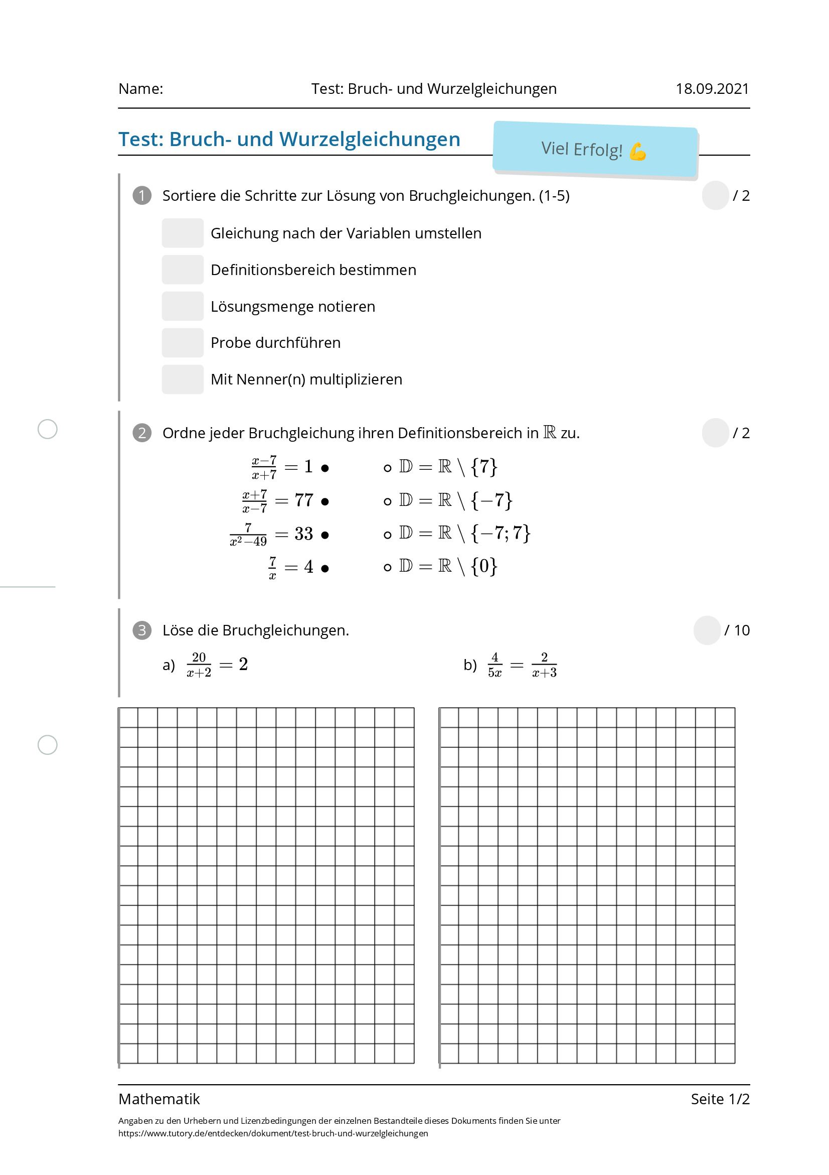 Arbeitsblatt - Test: Bruch- Und Wurzelgleichungen - Mathematik - Tutory.de